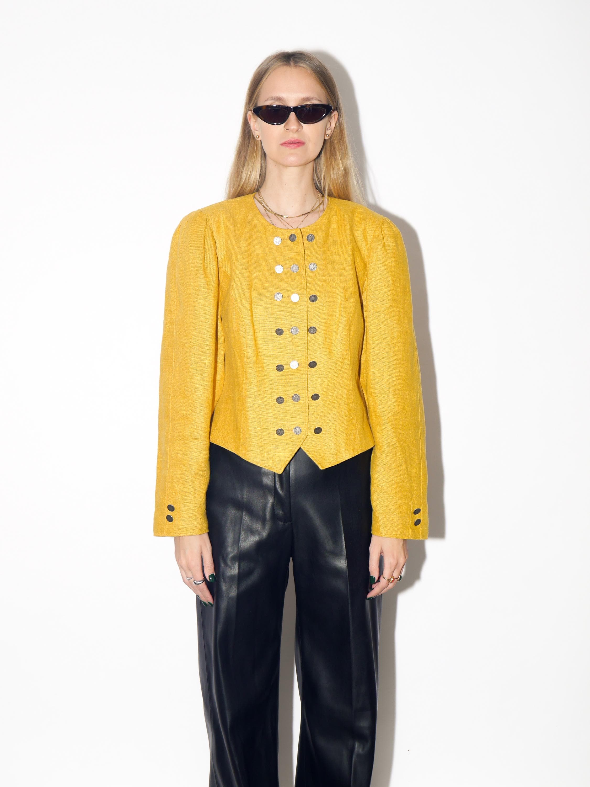 VINTAGE Yellow Cropped Linen Jacquard Blazer From The 1980s By Original Salzburger Tracht