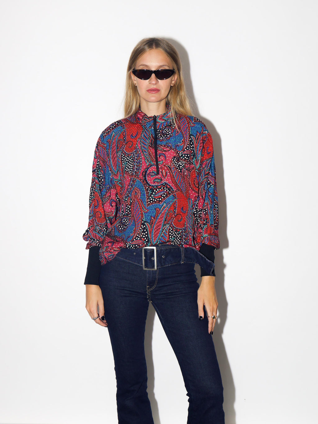 VINTAGE Red And Blue Paisley Half Zip Top With Stand-Up Collar From The 1980s By Kurt Kellermann