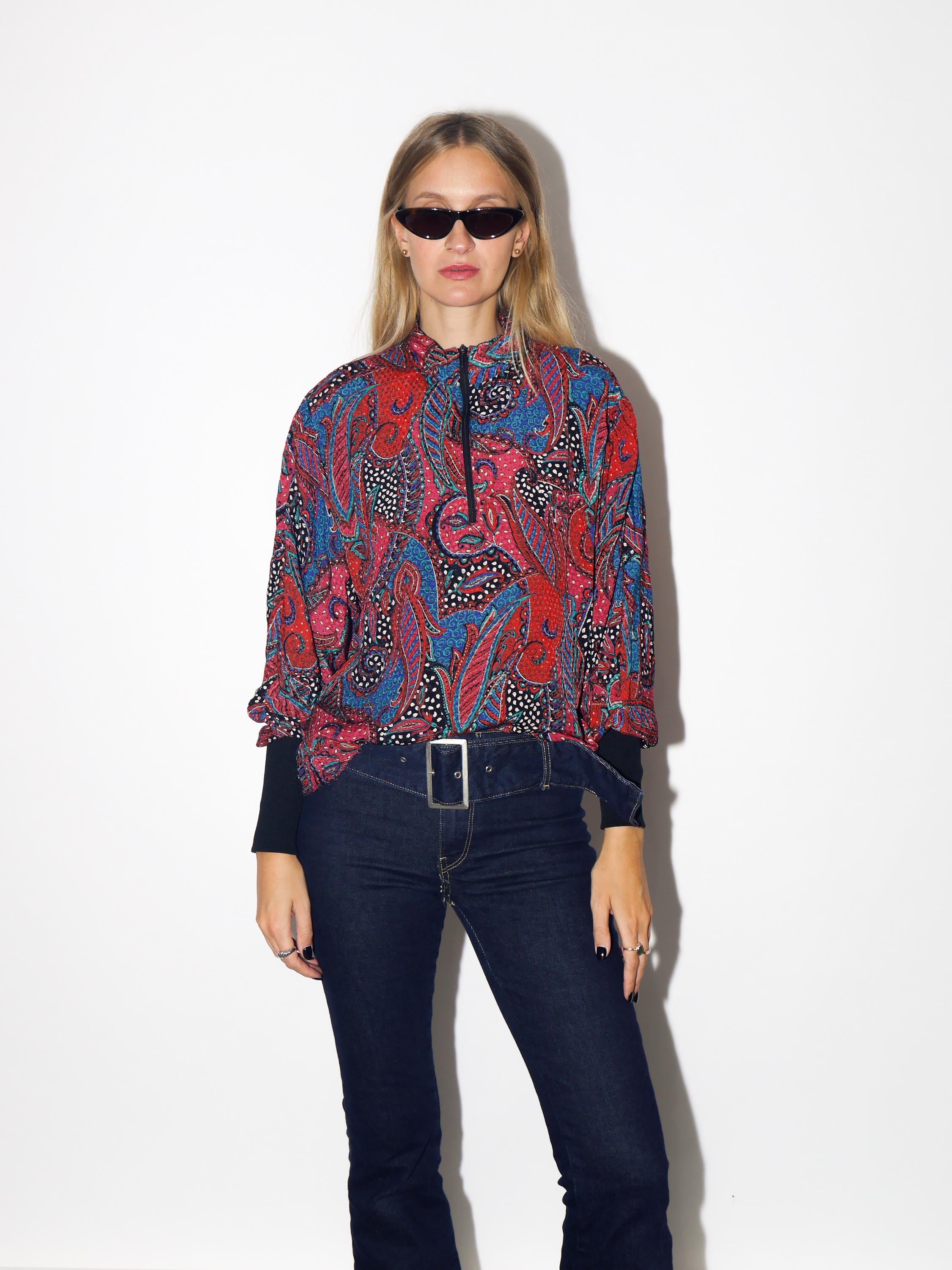 VINTAGE Red And Blue Paisley Half Zip Top With Stand-Up Collar From The 1980s By Kurt Kellermann