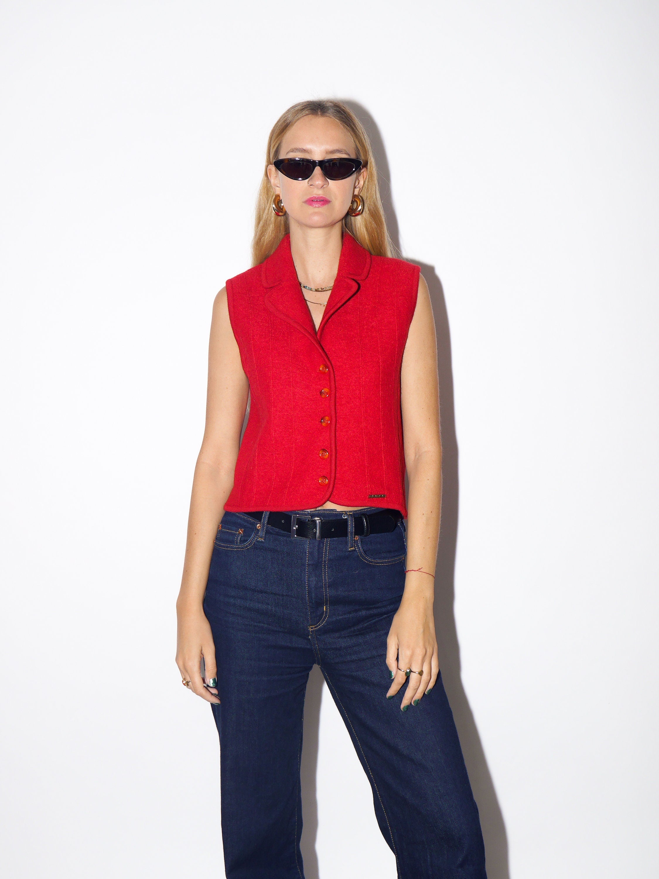 VINTAGE red 100% wool womens sleeveless polo shirt/vest  from 1980s by Geiger® with small metal logo label | premium quality red vest