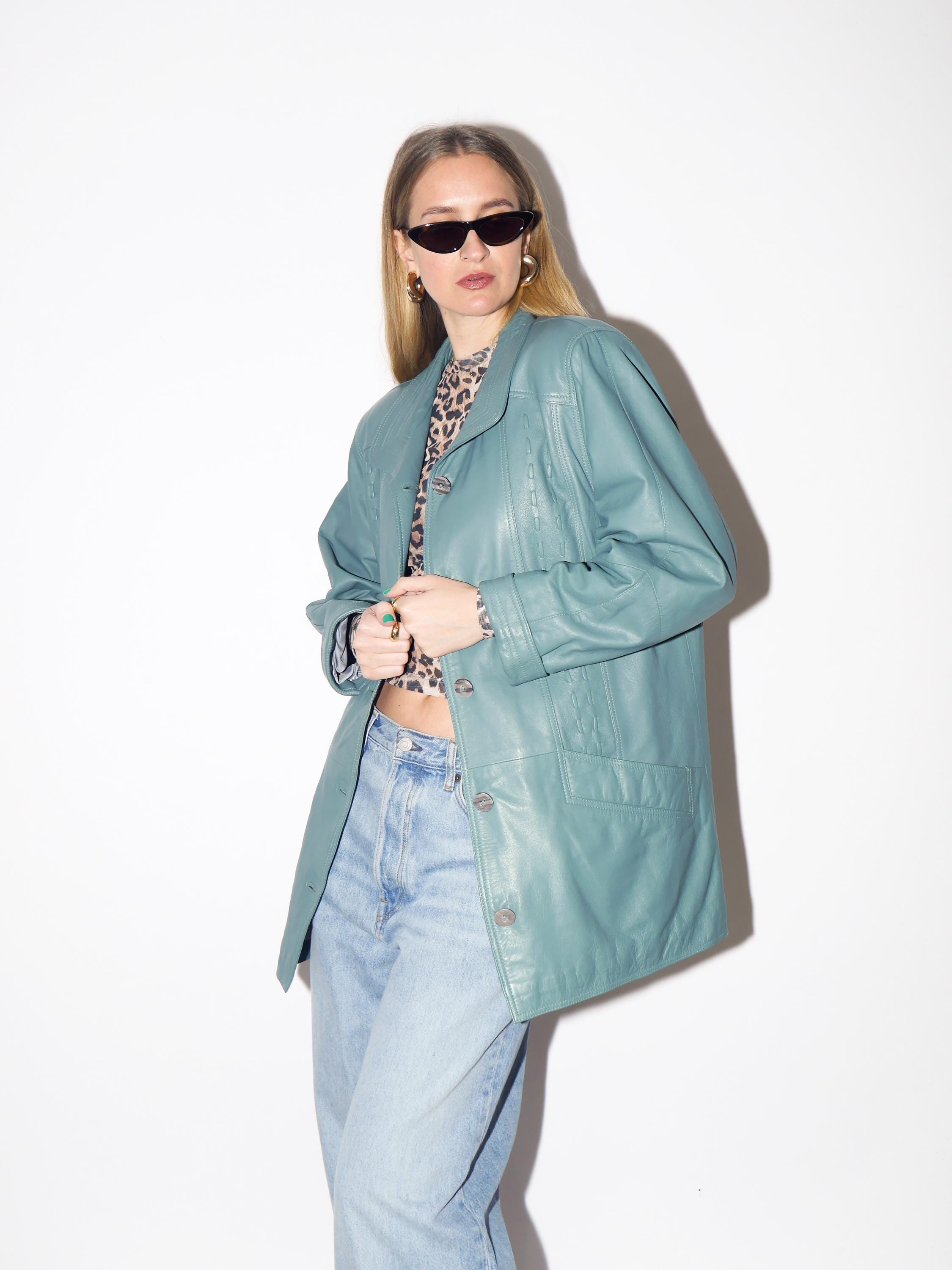 VINTAGE Blue Leather Jacket from 1990s | Oversize Blue Leather Jacket