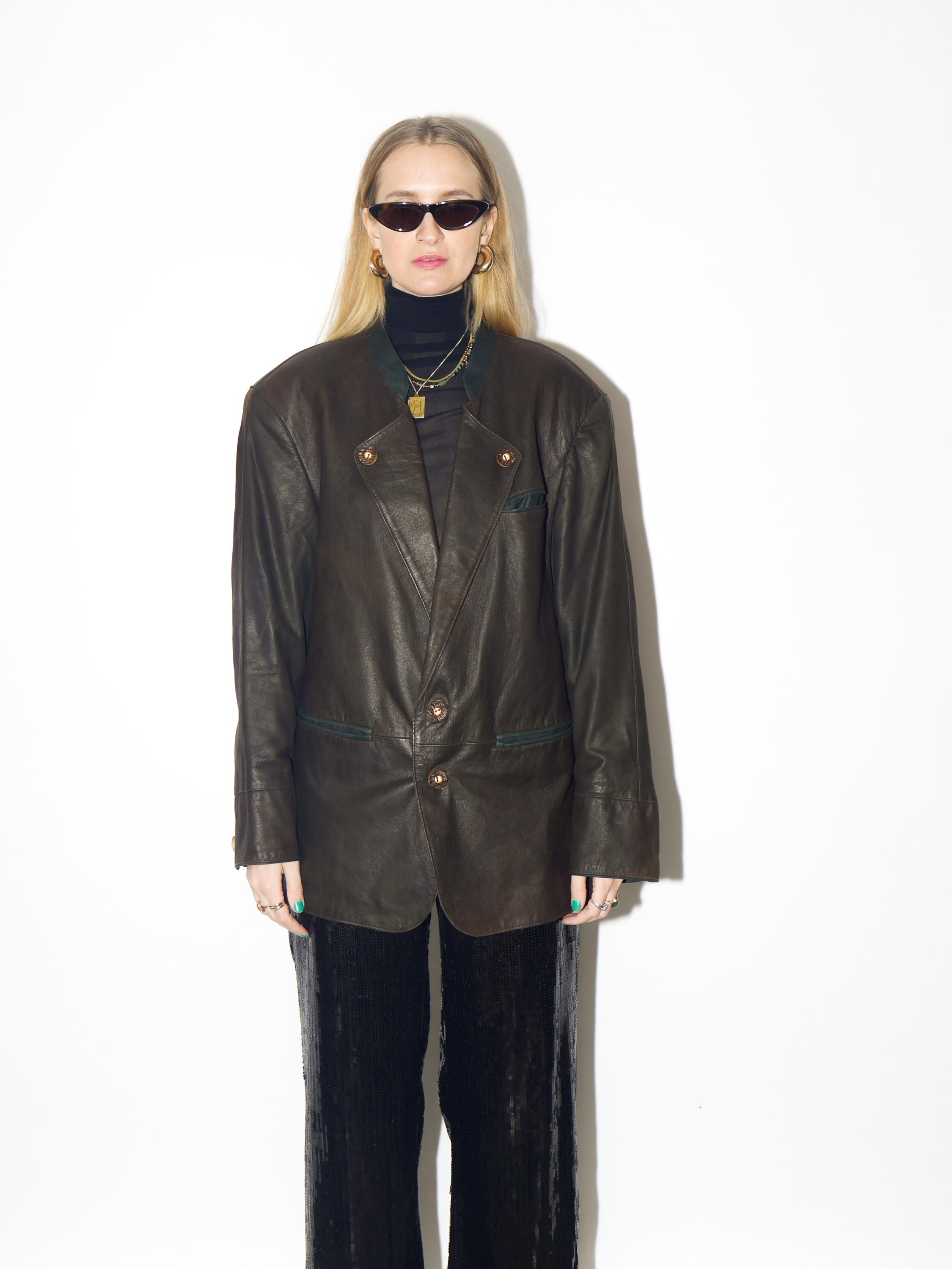 VINTAGE brown leather jacket from 1980s | Bavarian folk bronze leather blazer