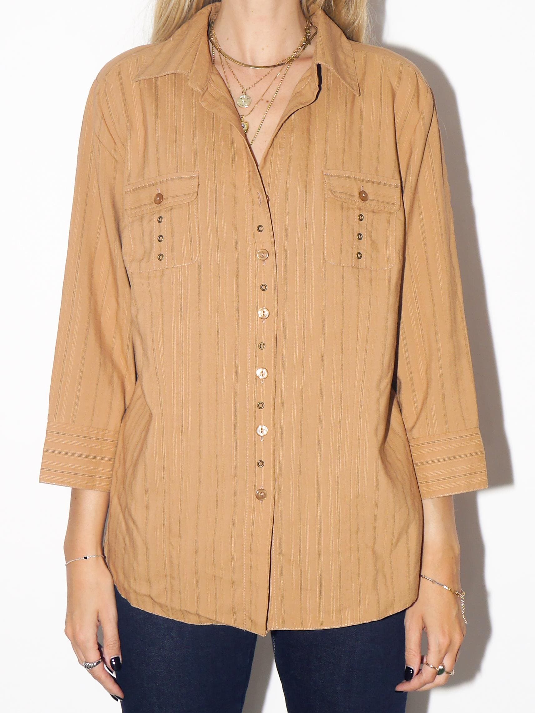 VINTAGE Brown Striped Viscose Three-Quarter Sleeve Shirt With Decorative Buttons From The 1980s