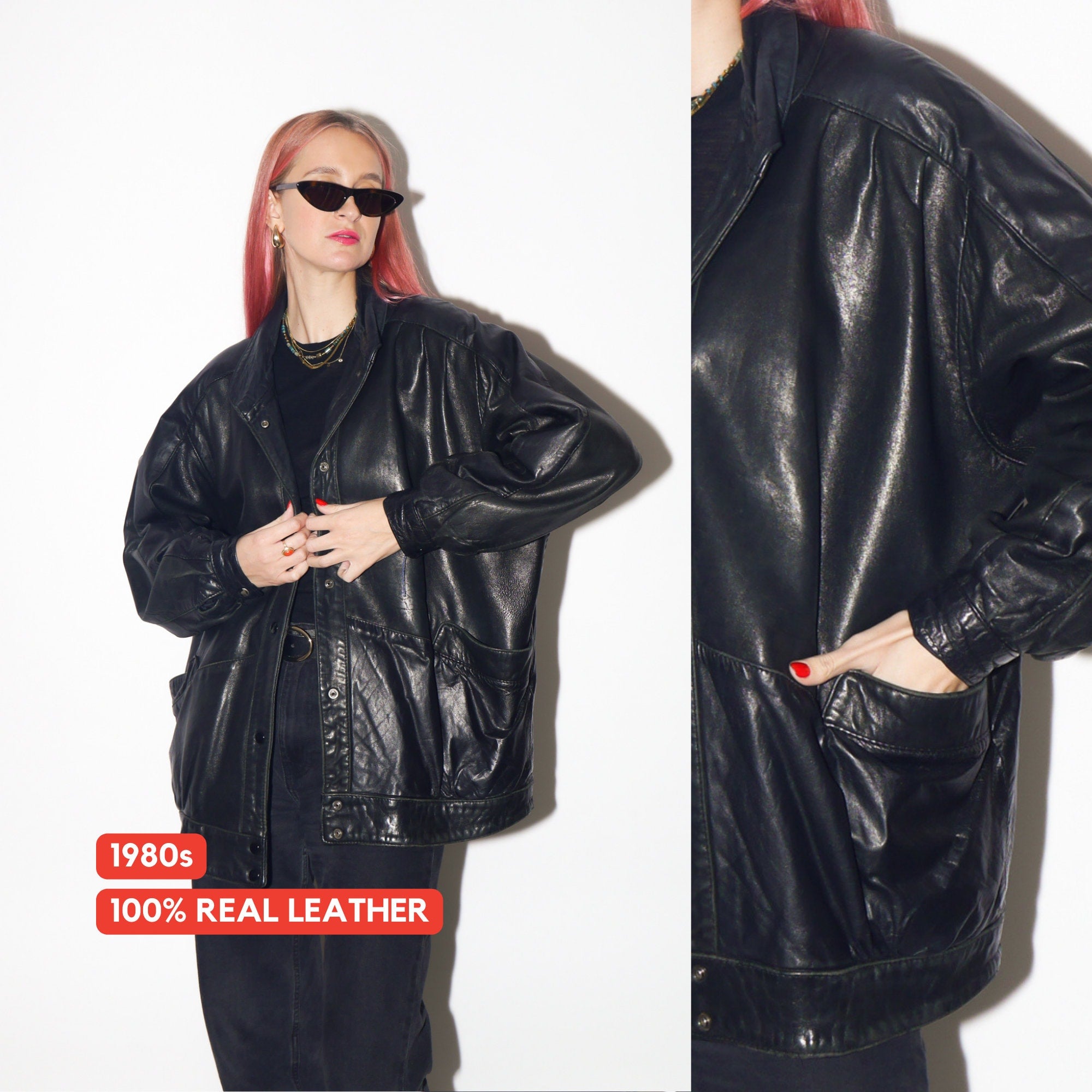 VINTAGE black leather jacket 1980s from UK | black vintage leather jacket | Hailey Bieber leather jacket | retro jacket | oversize jacket