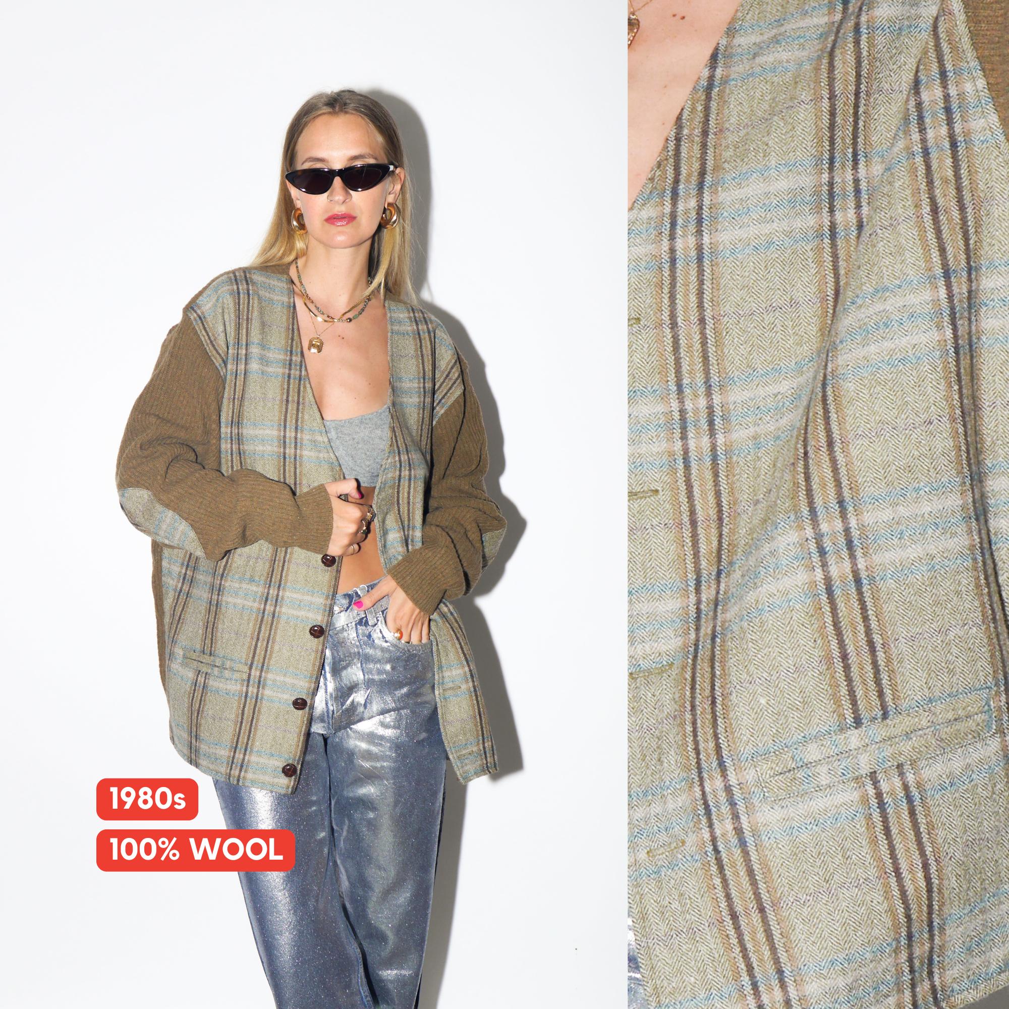 VINTAGE 100% Lambswool Cardigan Blazer With Elbow Patches And Herringbone Front From The 1990s By North Creek Sportswear