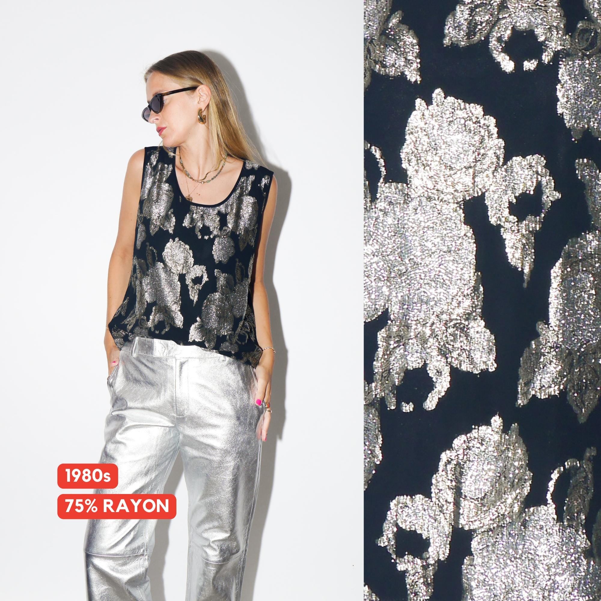 VINTAGE Black Sleeveless Floral Metallic Thread Blouse With Lining From The 1980s By Grill Florin