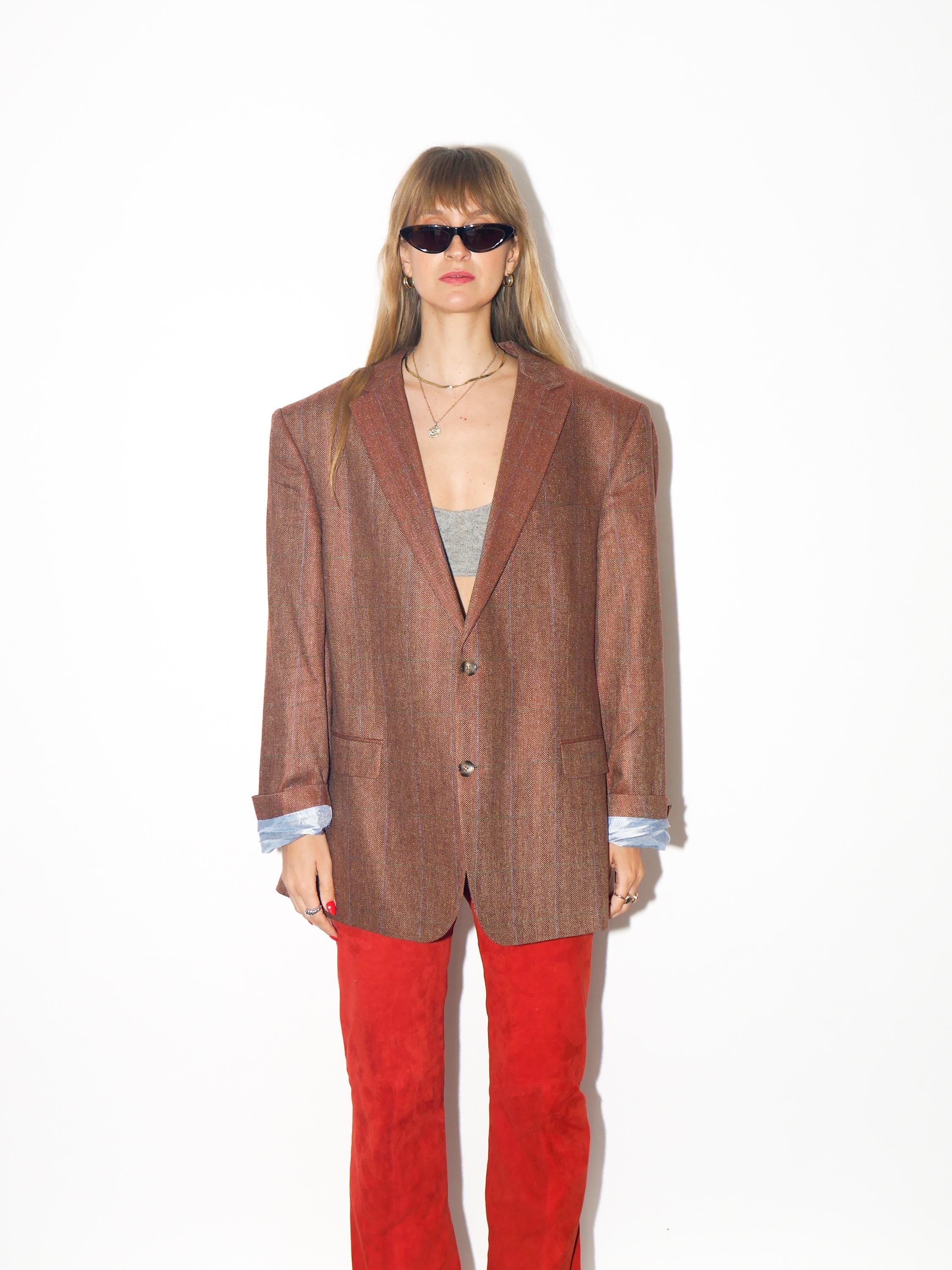 VINTAGE Silk Rusty Orange Herringbone Blazer From The Late 2000s By Carl Gross