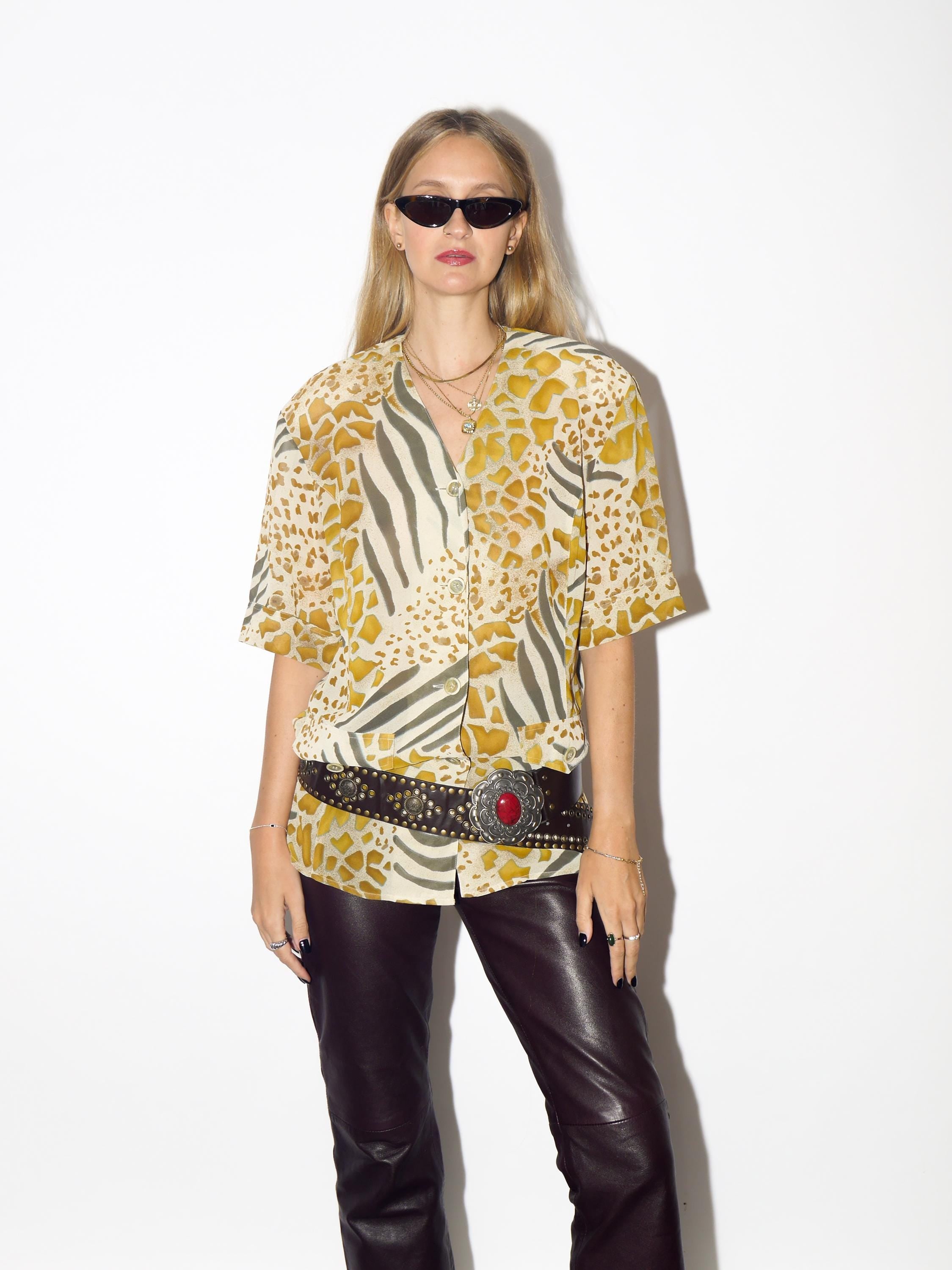 VINTAGE Cream And Mustard Animal Print Blouse From 1980s With Shoulder Pads By Yarell