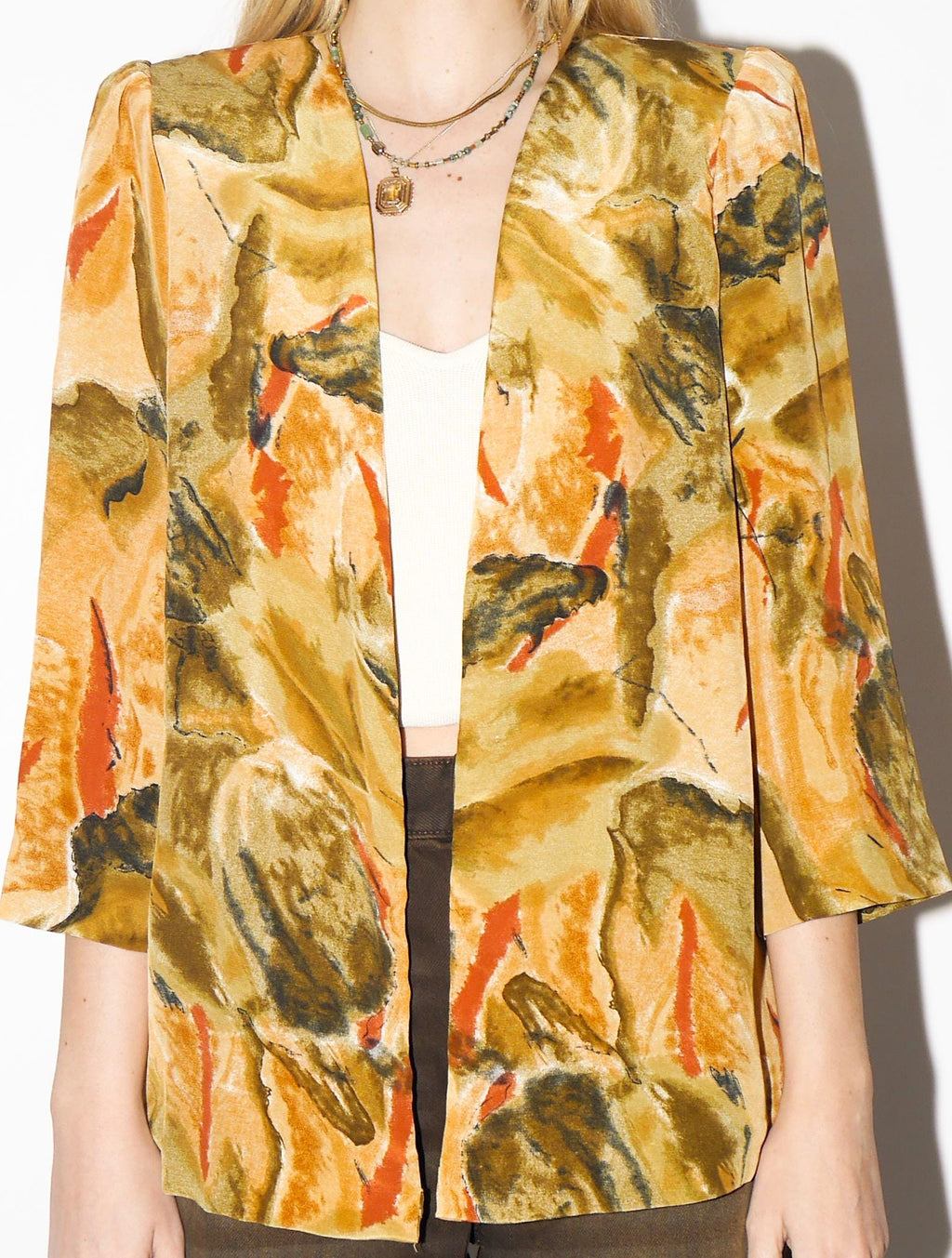 VINTAGE Yellow Abstract Blouse from 1980s | Open Front Flowy Orange Blouse