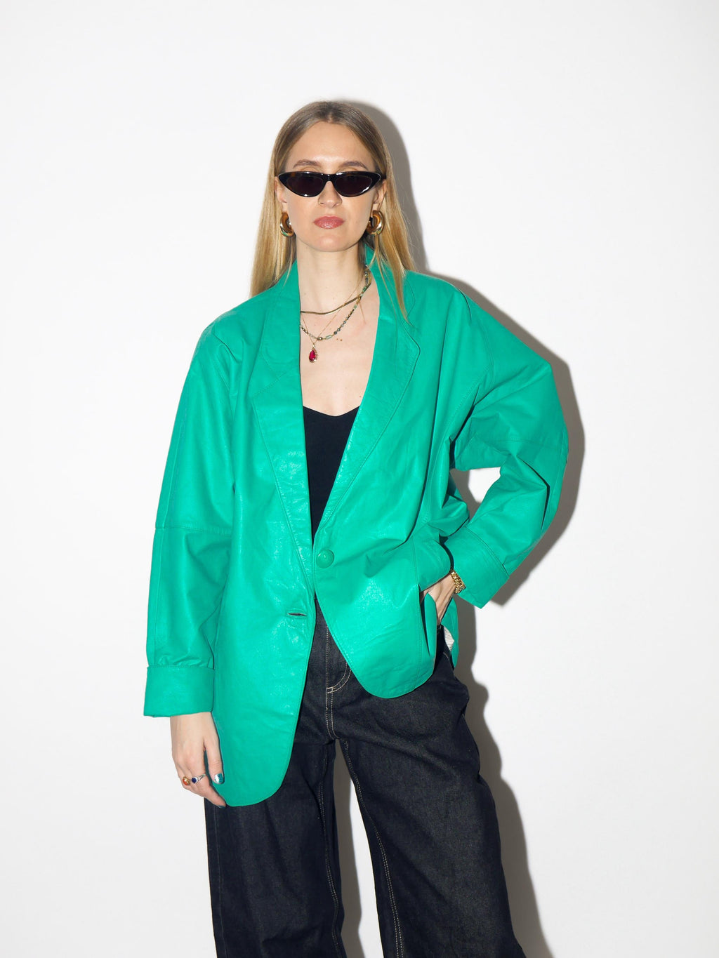 VINTAGE green leather jacket from 1980s, retro oversize green leather blazer
