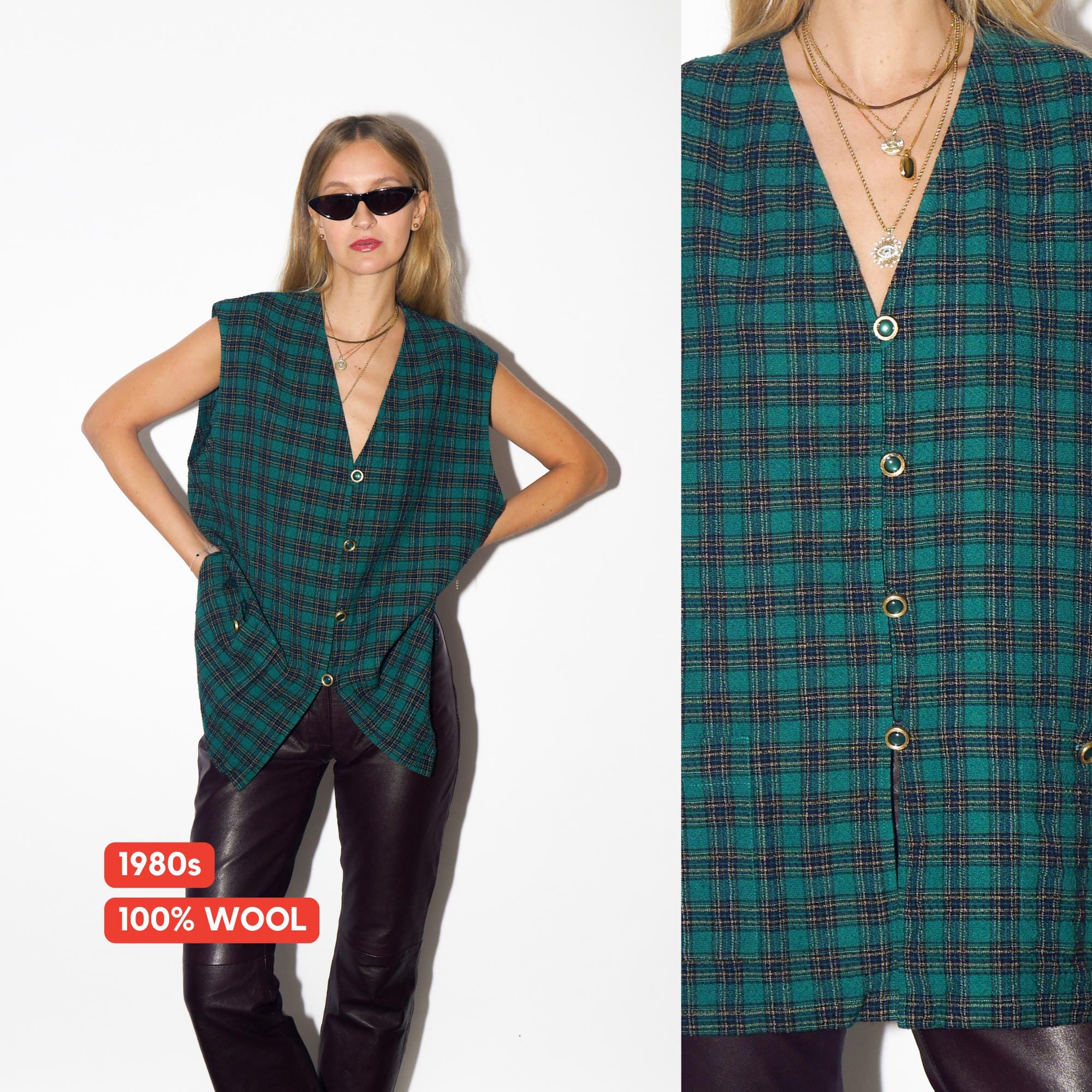 VINTAGE Green Wool Checked Oversized Vest From 1980s With Decorative Buttons By Delmod International