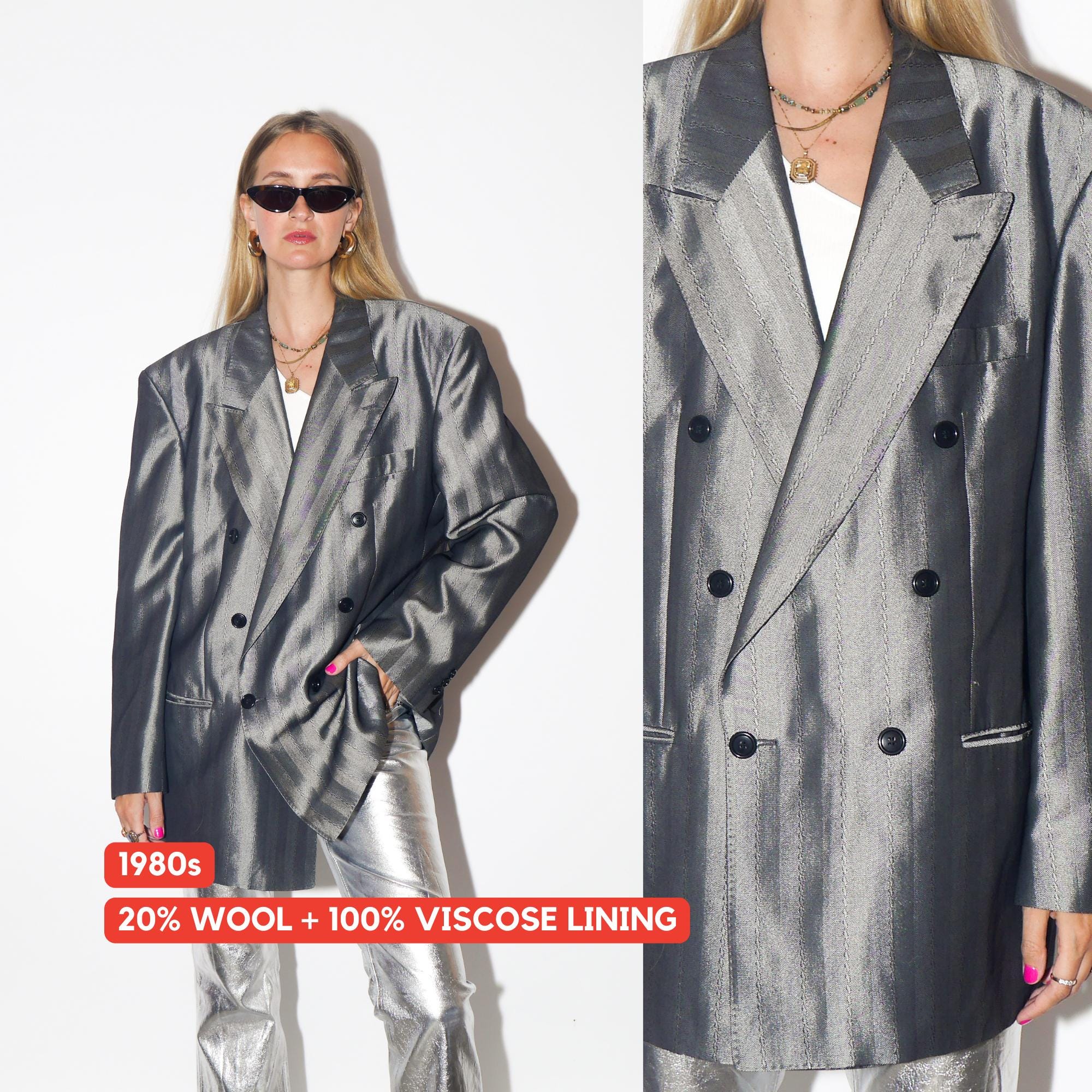 VINTAGE Wool Silver Striped Oversized Double Breasted Blazer With Shoulder Pads From The 1980s By Ceremonia