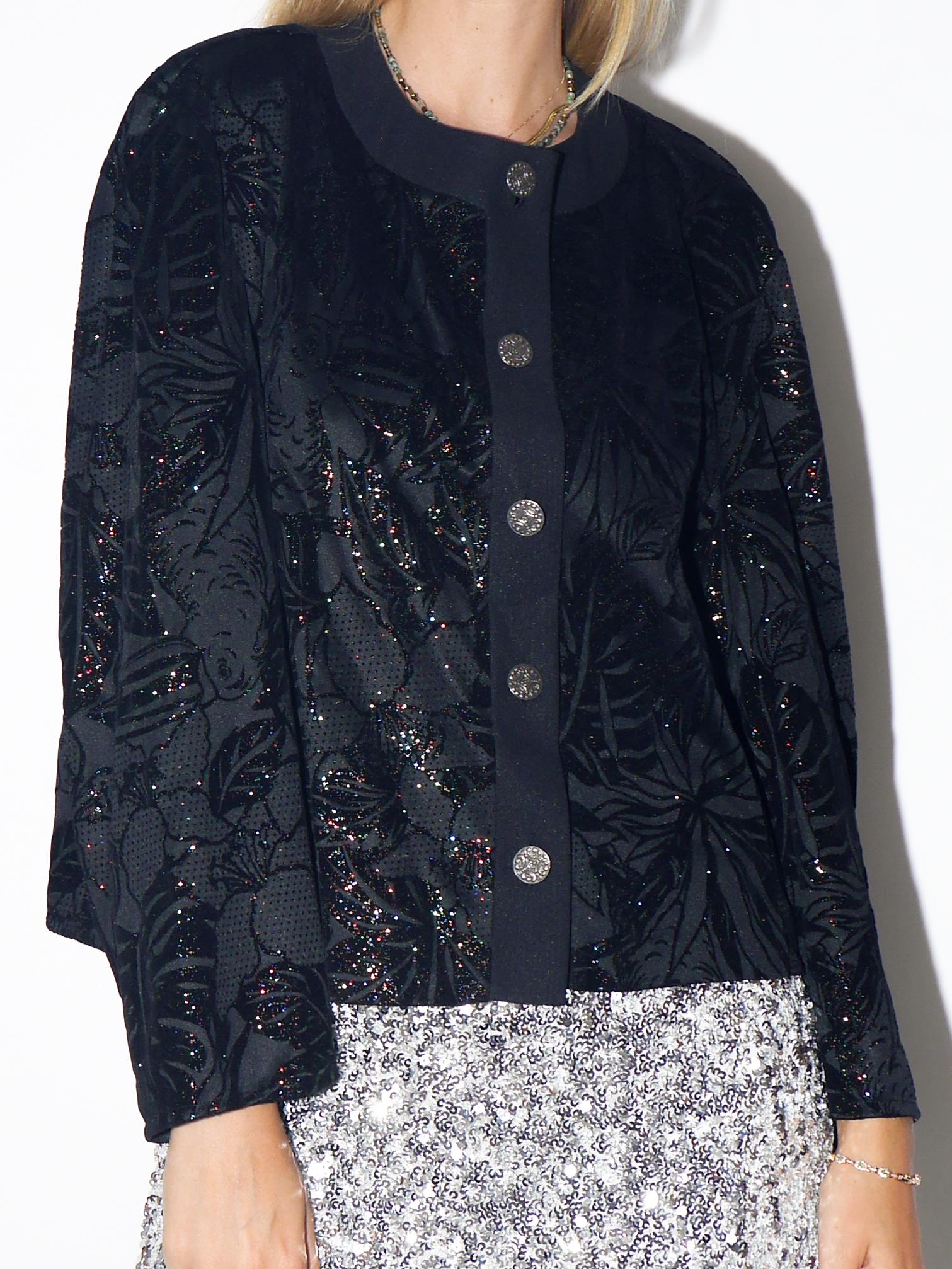 VINTAGE Black Cropped Velvet-Patterned Blazer With Rainbow Glitter Leaf Print And Decorative Buttons From The 1980s By Chiki