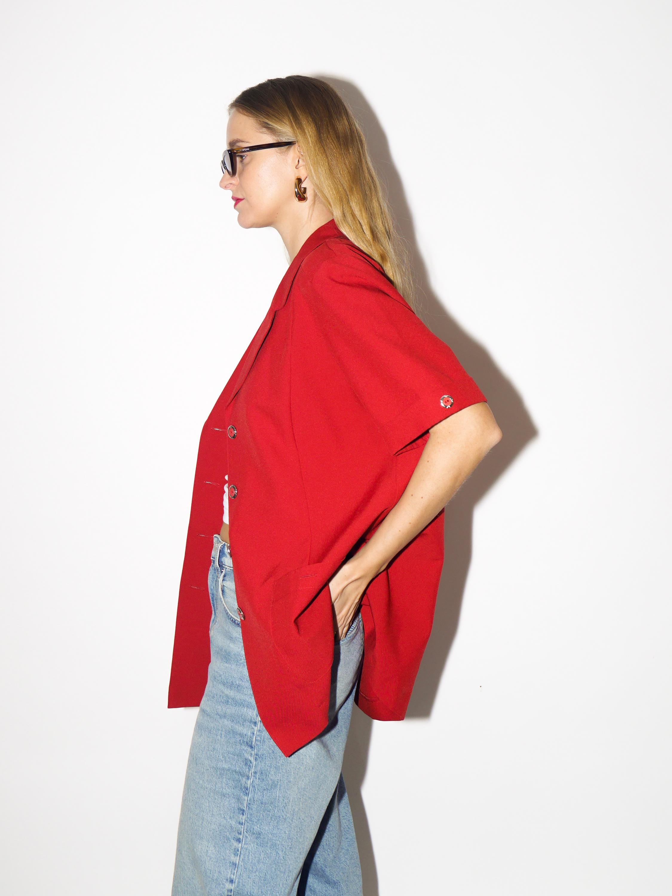 VINTAGE red blazer from 1980s, long blazer with short sleeve and gold buttons