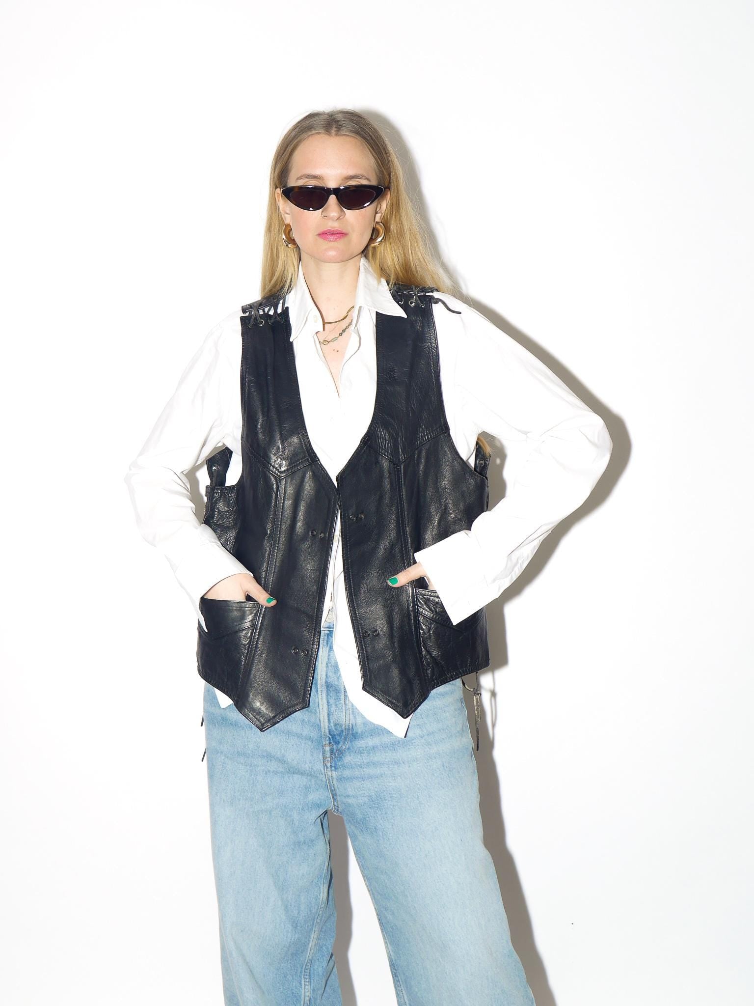 VINTAGE black leather vest from 1980s | heavy vintage motorcycle leather vest