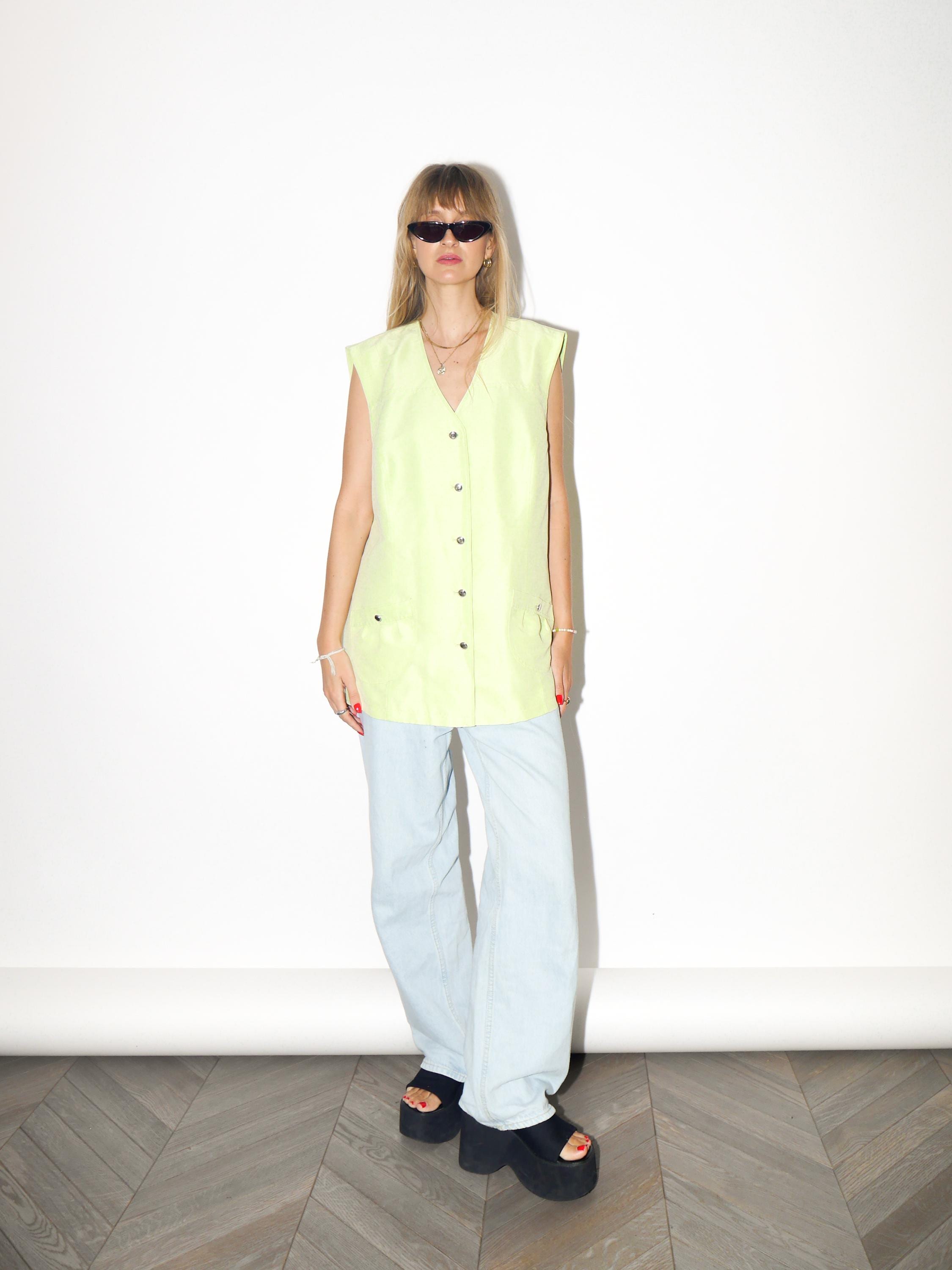 VINTAGE Neon Pistachio Green Statement Vest With Metal Buttons From The 1980s