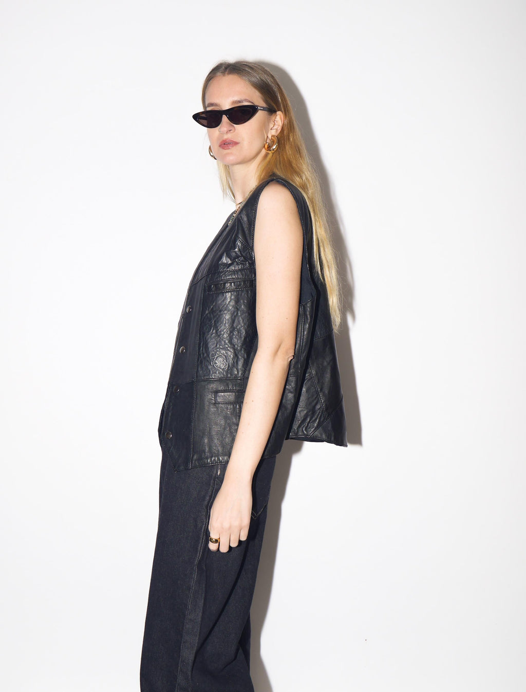 VINTAGE Black Leather Vest from 1980s | Oversized Biker Waistcoat w/Snap Buttons