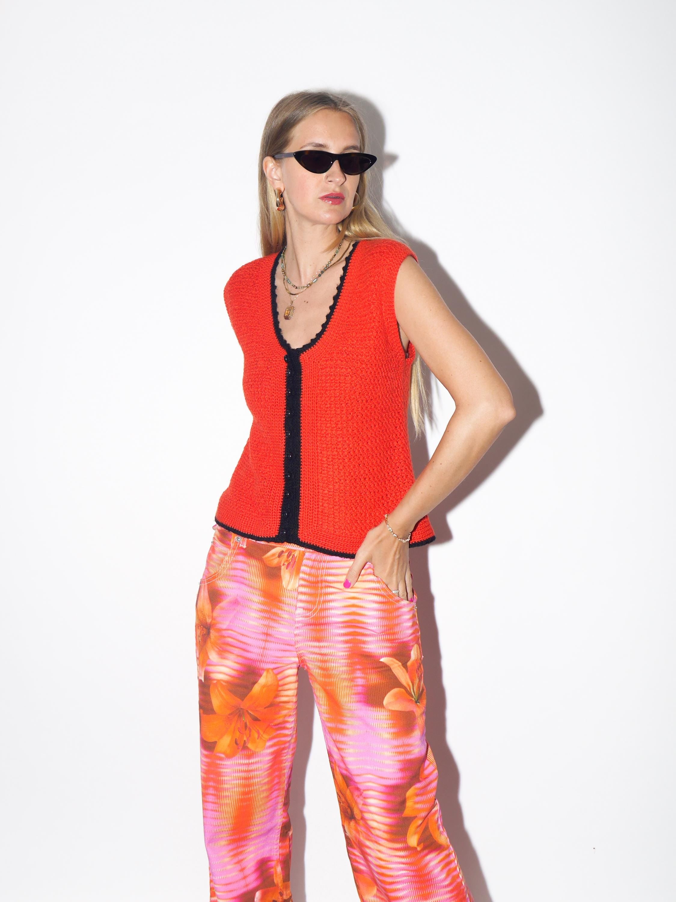 VINTAGE Red 100% Wool Hand-Knitted Vest From 1970s With Black Details And Buttons