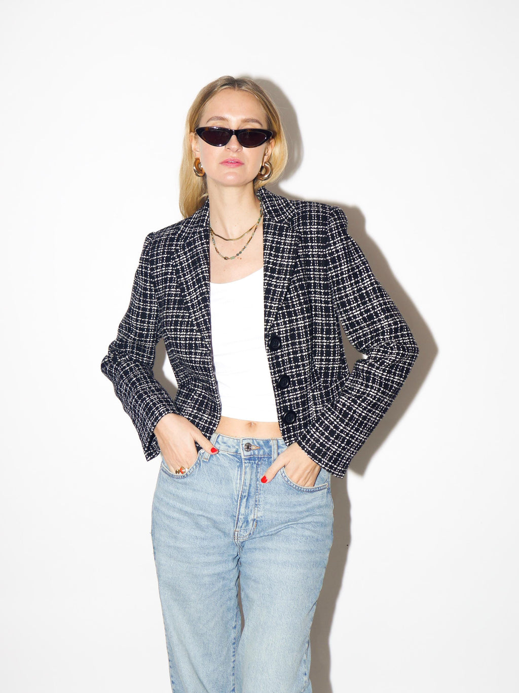 VINTAGE wool blazer, fitted black and white short blazer by Un Deux Trois® Paris