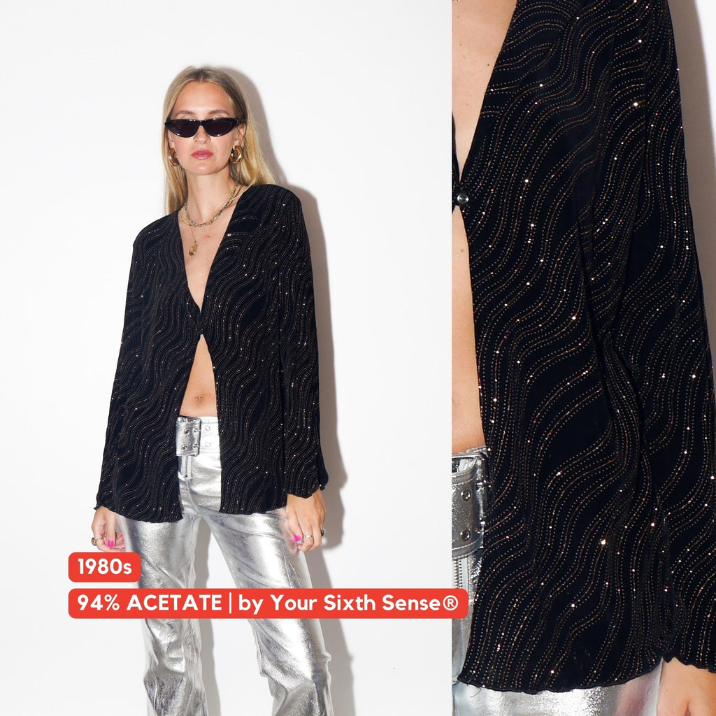 VINTAGE Black Long Sleeve Blouse With Copper Wavy Print And Slit Sleeves From The 1980s By Your Sixth Sense