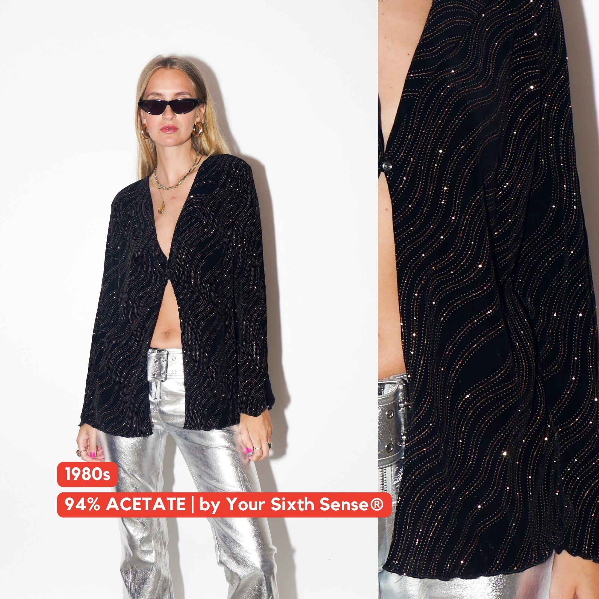 VINTAGE Black Long Sleeve Blouse With Copper Wavy Print And Slit Sleeves From The 1980s By Your Sixth Sense