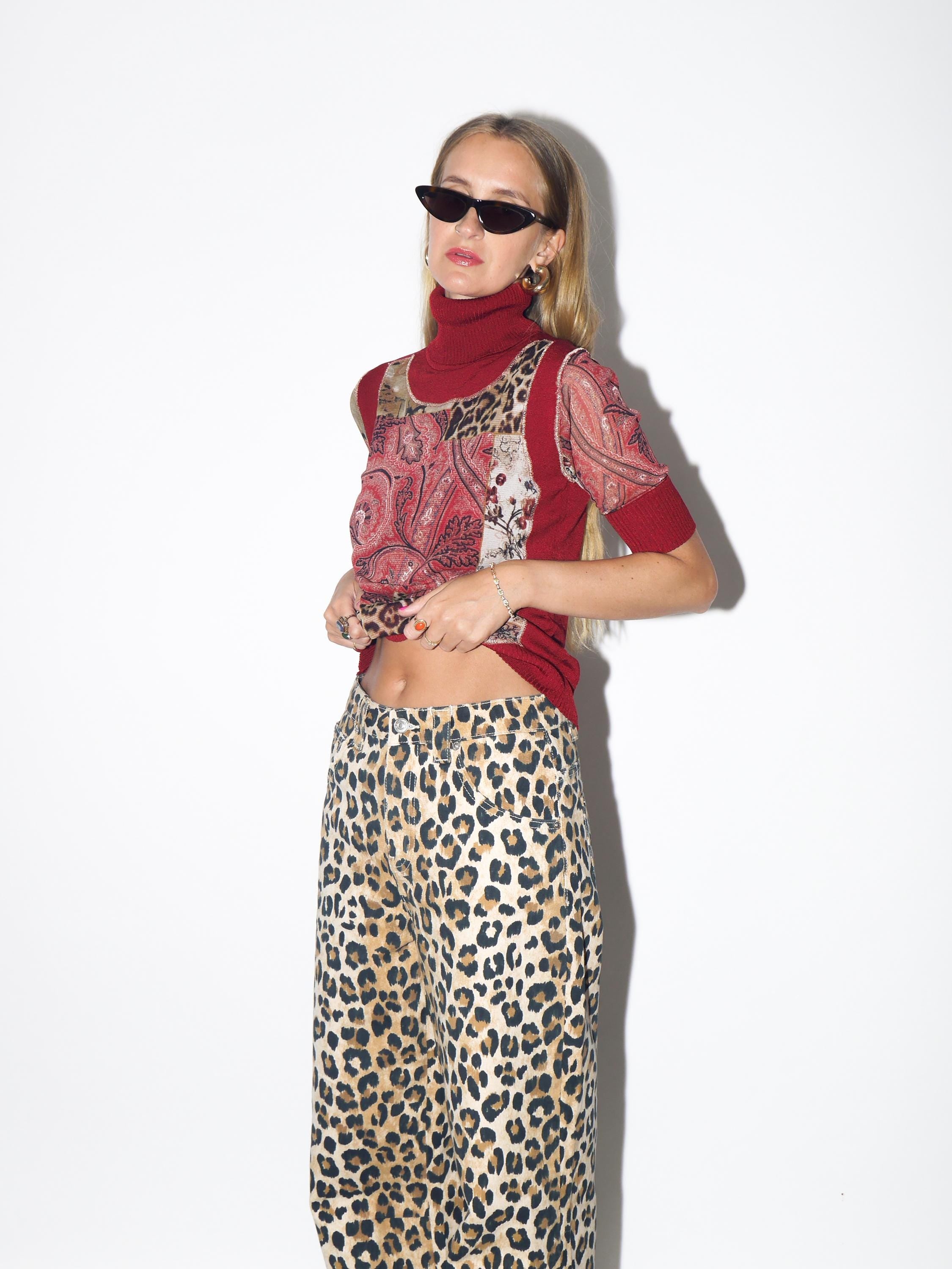 VINTAGE Deep Red Viscose Turtleneck Short Sleeve Blouse With Sheer Sleeves And Animal Print Accents From The 1980s By Betty Barclay