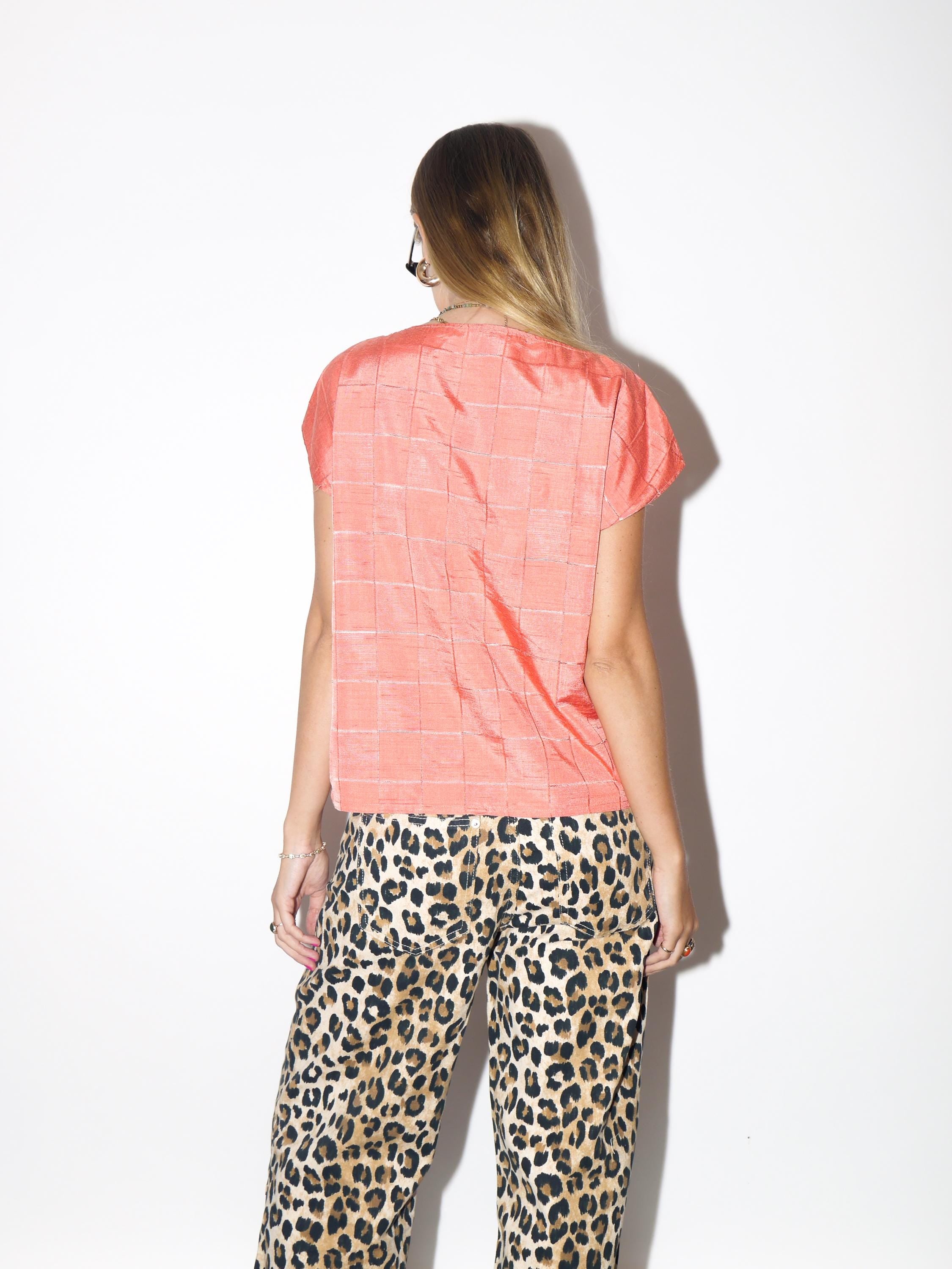 VINTAGE Handmade Apricot Boxy Short Sleeve Boat Neck Blouse With Check Pattern From The 1980s