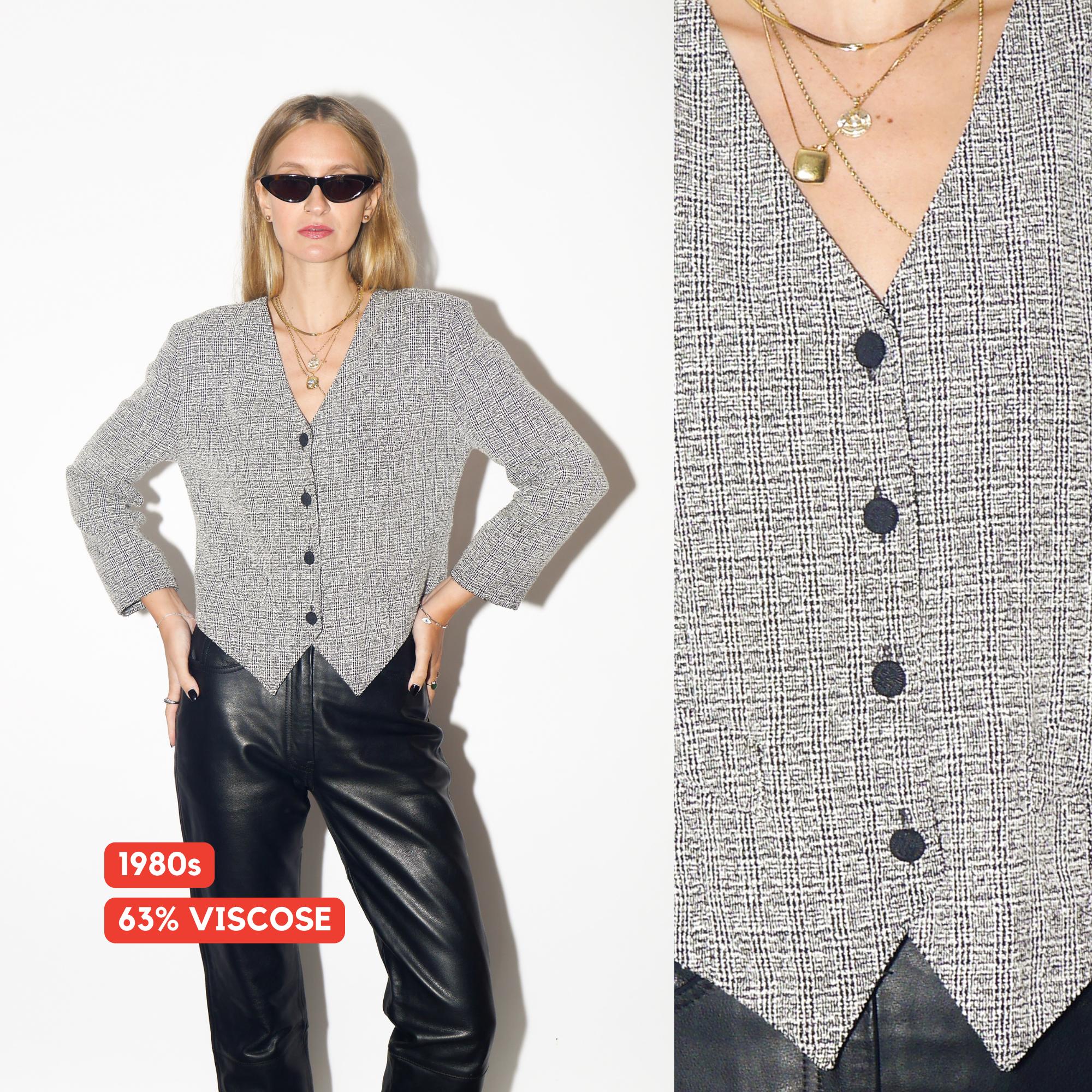 VINTAGE Black And White Checked Viscose Blend Cropped Blazer From The 1980s By Orsay