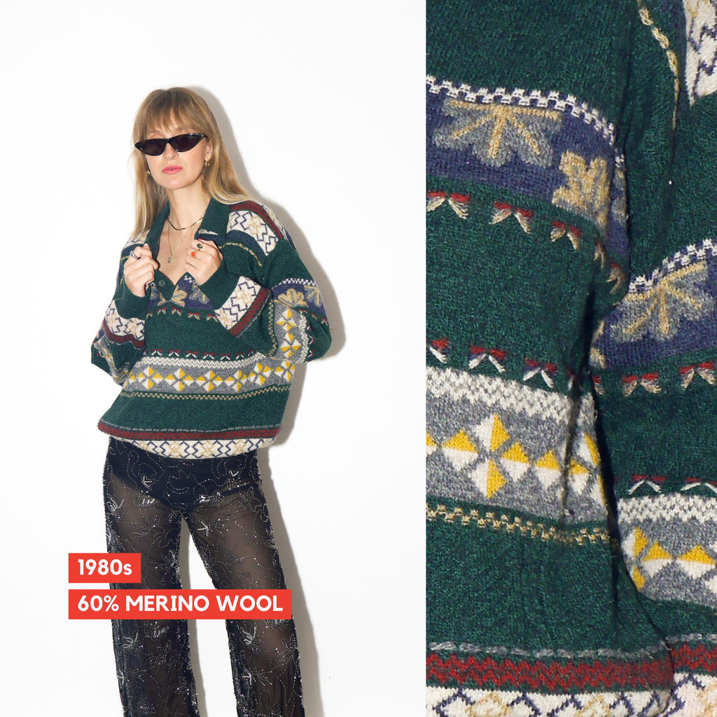 VINTAGE Green Merino Wool Blend Polo Sweater With Striped Pattern From The 1980s By Monte Carlo Moda