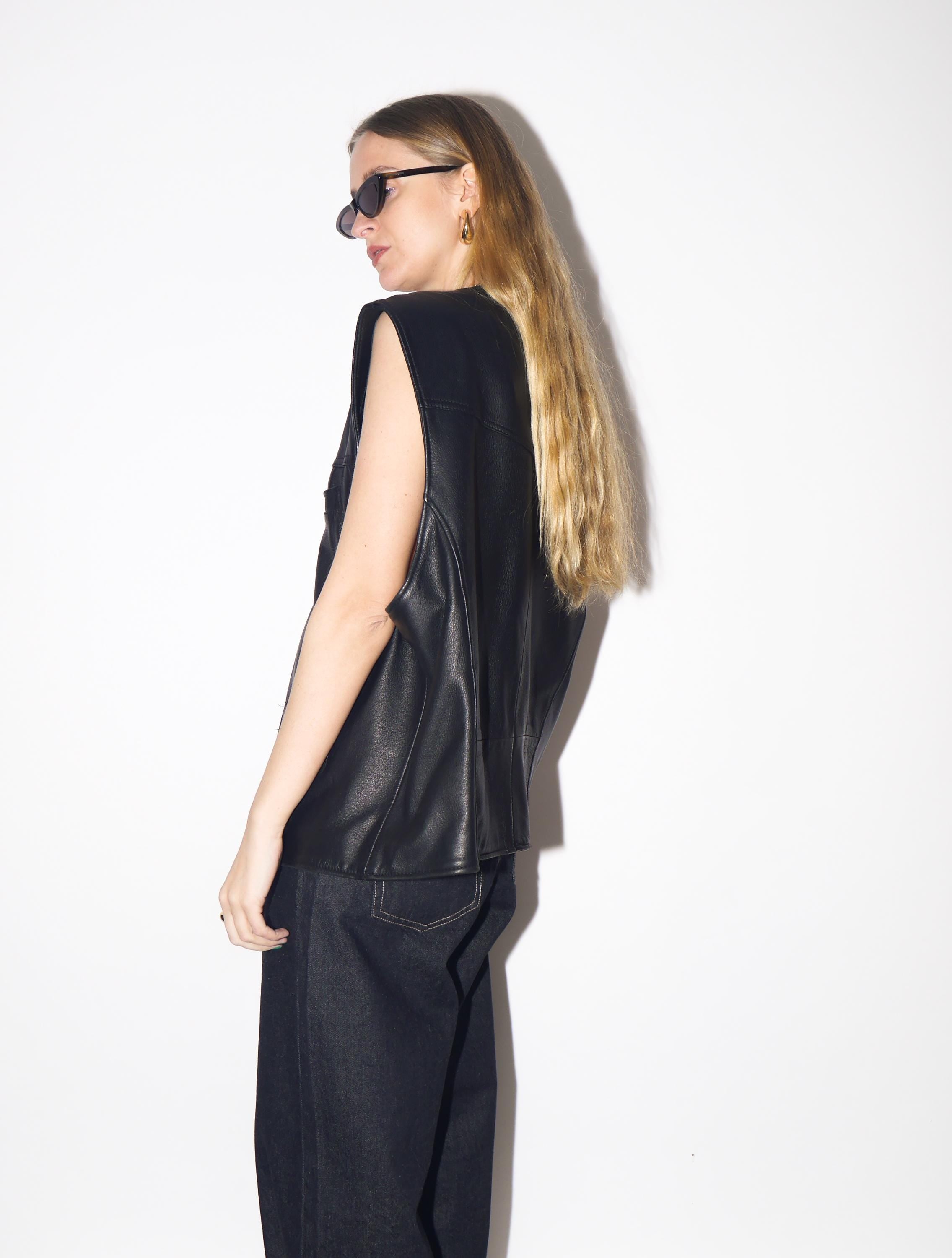 VINTAGE Black Leather Vest from 1980s | Vintage Oversize Black Leather Waistcoat