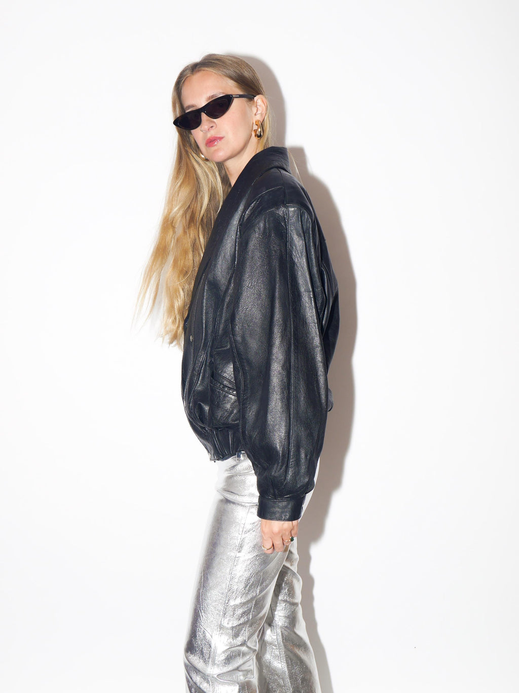 VINTAGE Black Leather Double Breasted Jacket With Shawl Collar And Shoulder Pads From The 1980s