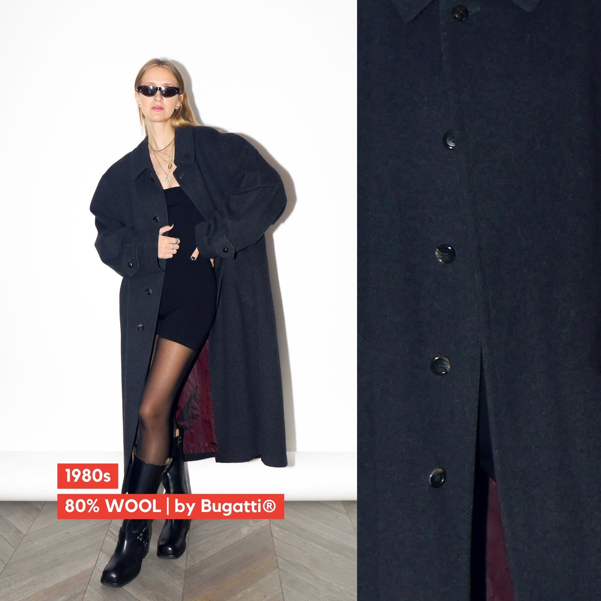 VINTAGE Dark Gray Wool Maxi Oversized Coat From The 1980s By Bugatti