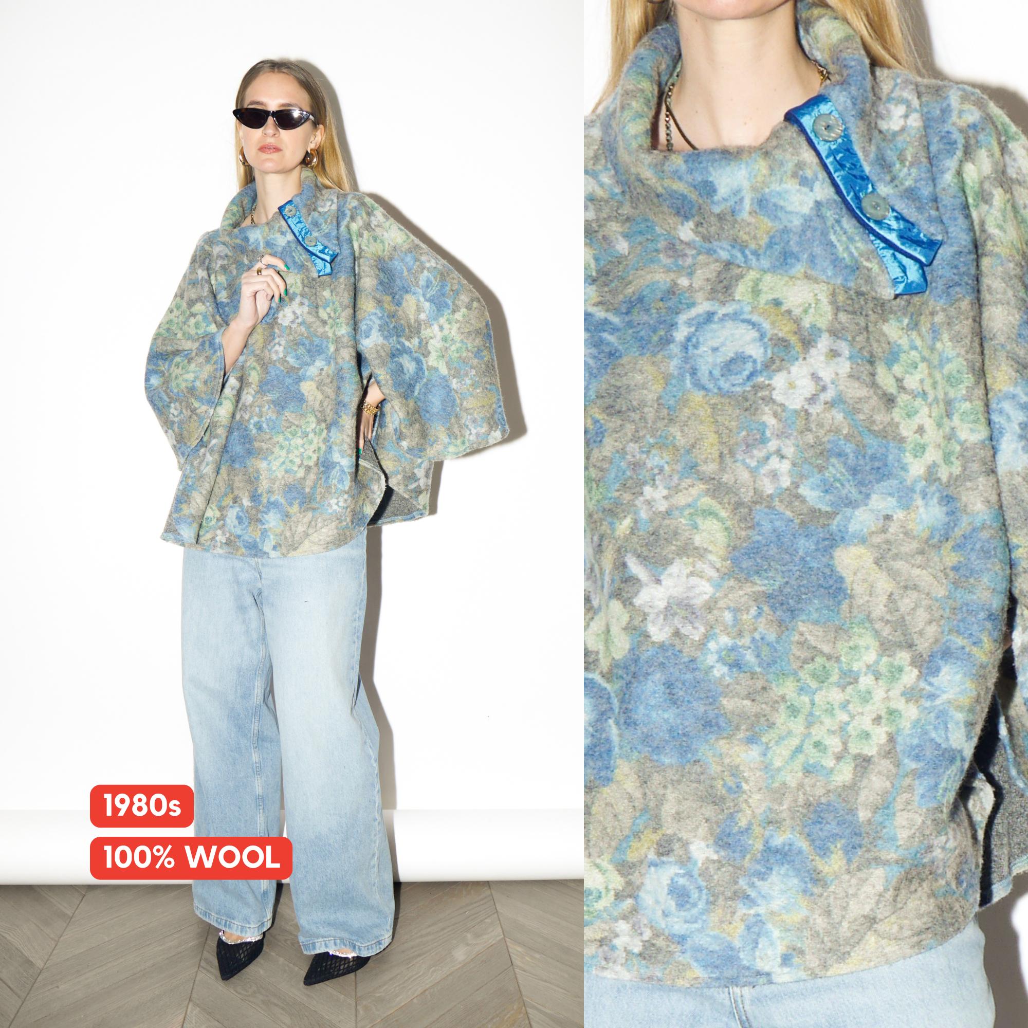VINTAGE Blue 100% Wool Poncho with Floral Pattern | Handmade Warm Retro Poncho
