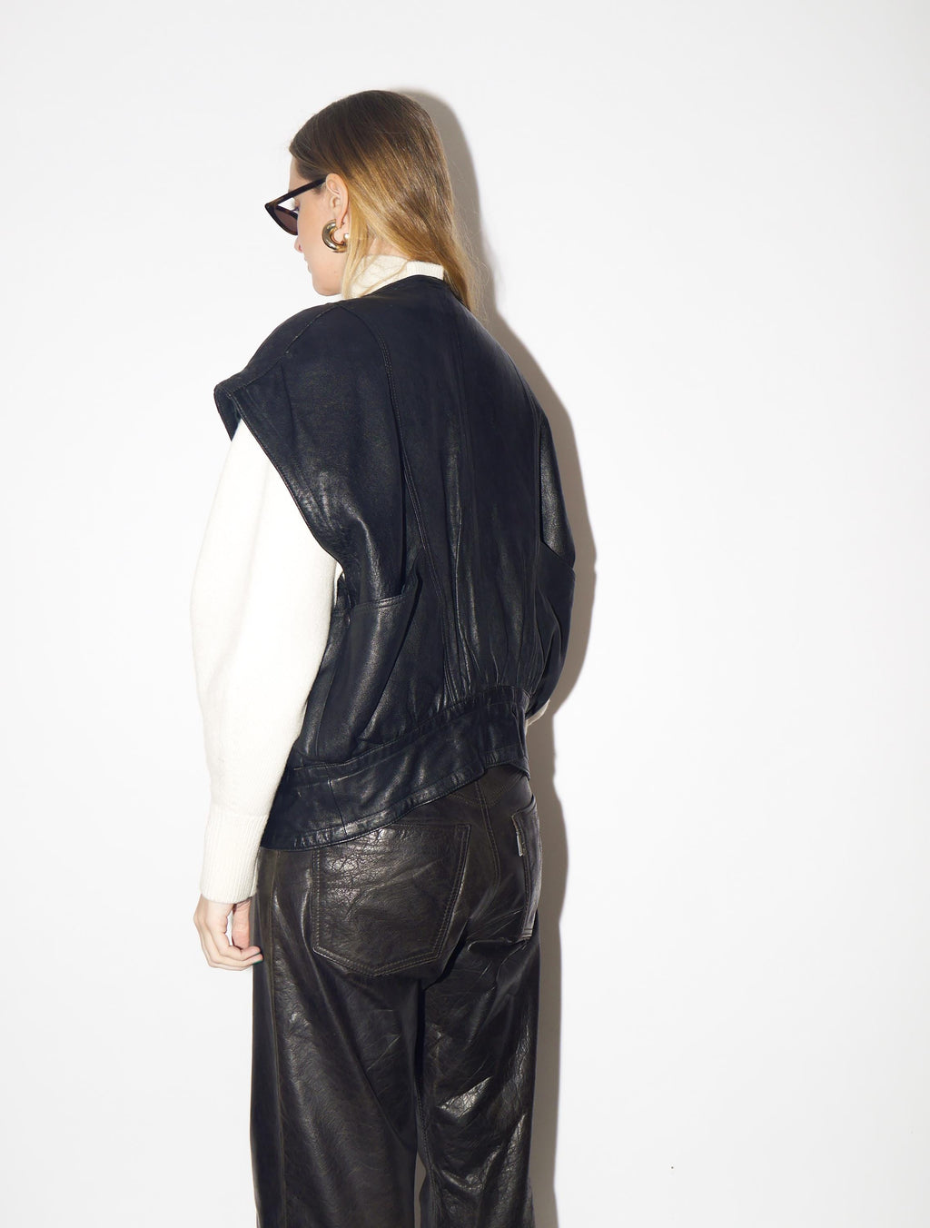 VINTAGE Black Leather Vest from 1980s | Oversized Black Leather Waistcoat