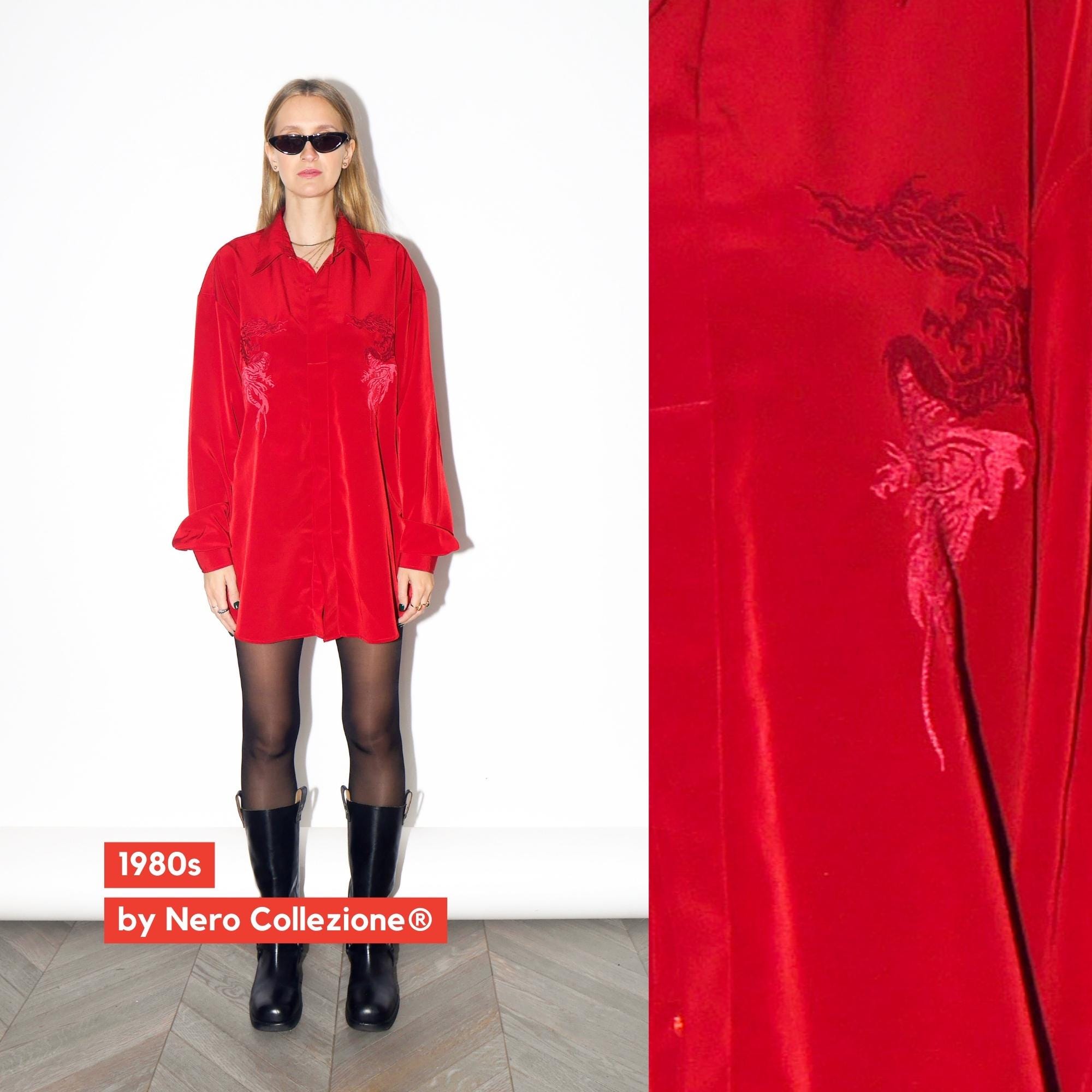 VINTAGE Red Burgundy Dragon Embroidered Oversized Long Sleeve Blouse From The 1980s By Nero Collezione