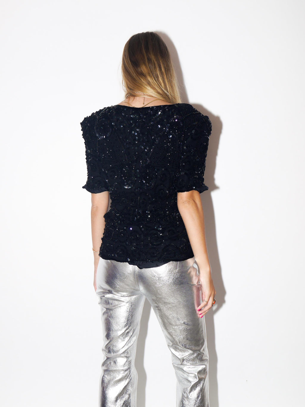 VINTAGE Black Silk Short Sleeve Sequin Blouse With Shoulder Pads From The 1980s By Ribbel