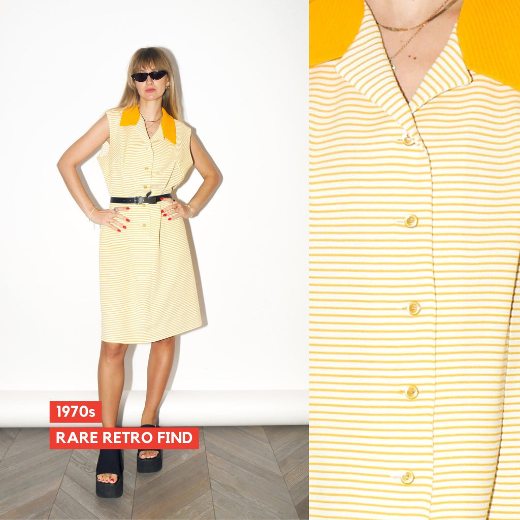 VINTAGE Yellow And White Stripe Sleeveless Midi Dress With Stretch Fabric From The 1970s