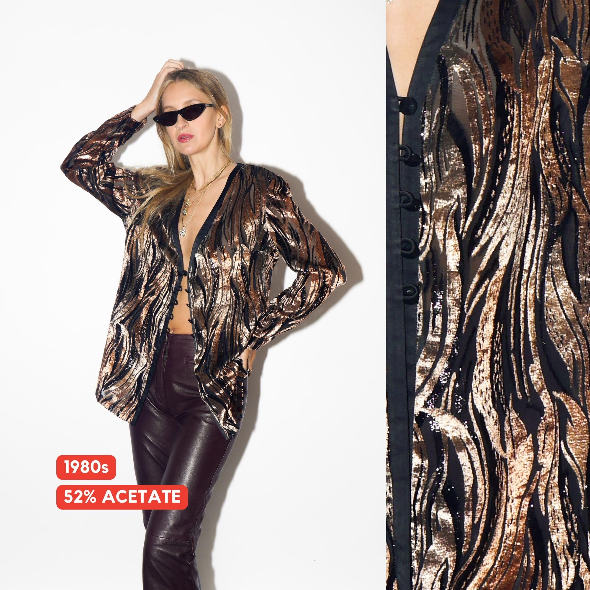 VINTAGE Black And Beige Zebra Print Long Sleeve Blouse From 1980s With Shoulder Pads By Delmod International
