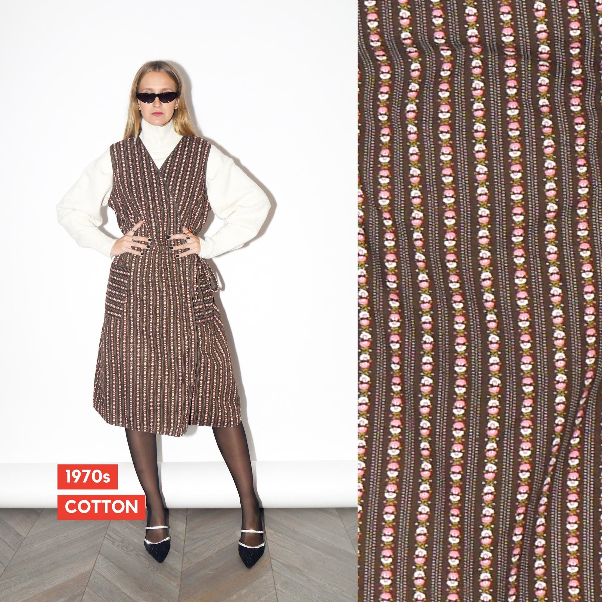 VINTAGE Brown Floral Cotton Sleeveless Midi Wrap Dress From The 1970s