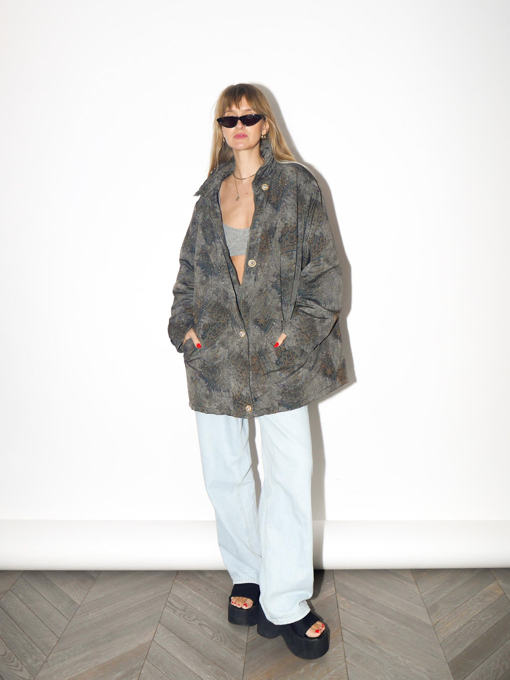 VINTAGE Green And Gold Oversized Parka With Abstract Pattern From The 1980s