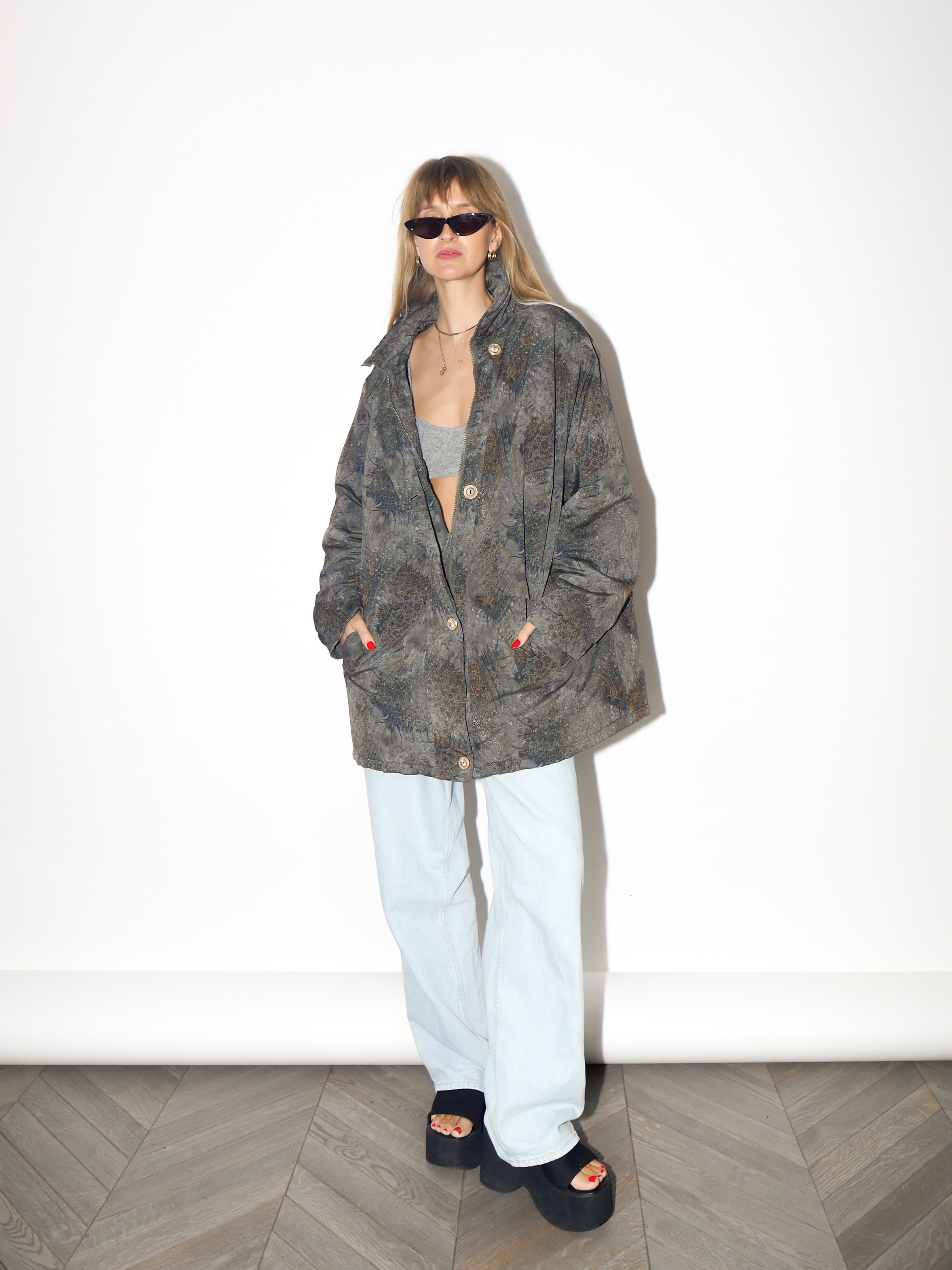 VINTAGE Green And Gold Oversized Parka With Abstract Pattern From The 1980s