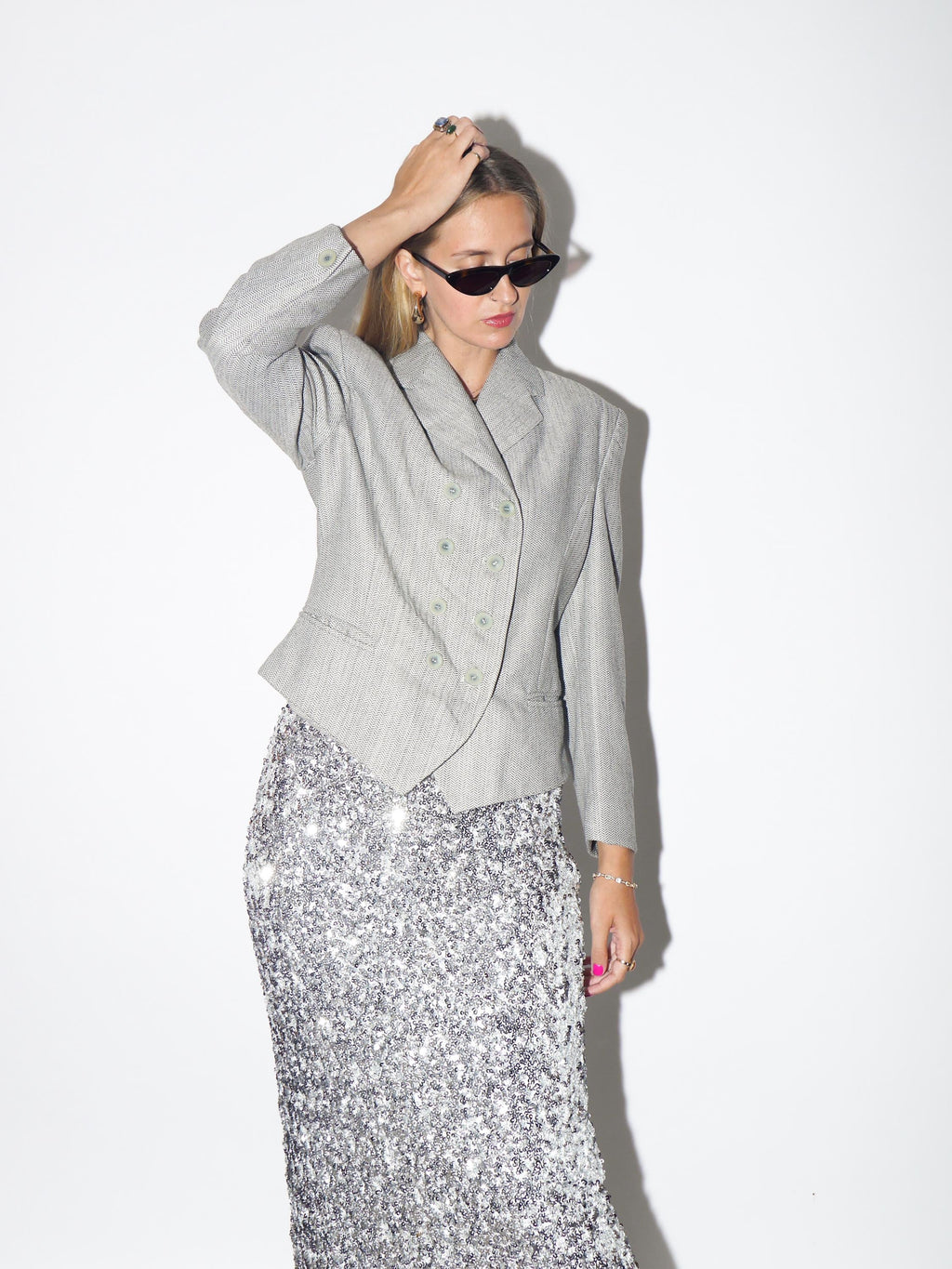 VINTAGE Grey Herringbone Virgin Wool Double Breasted Blazer With High Neckline From The 1980s By Betty Barclay