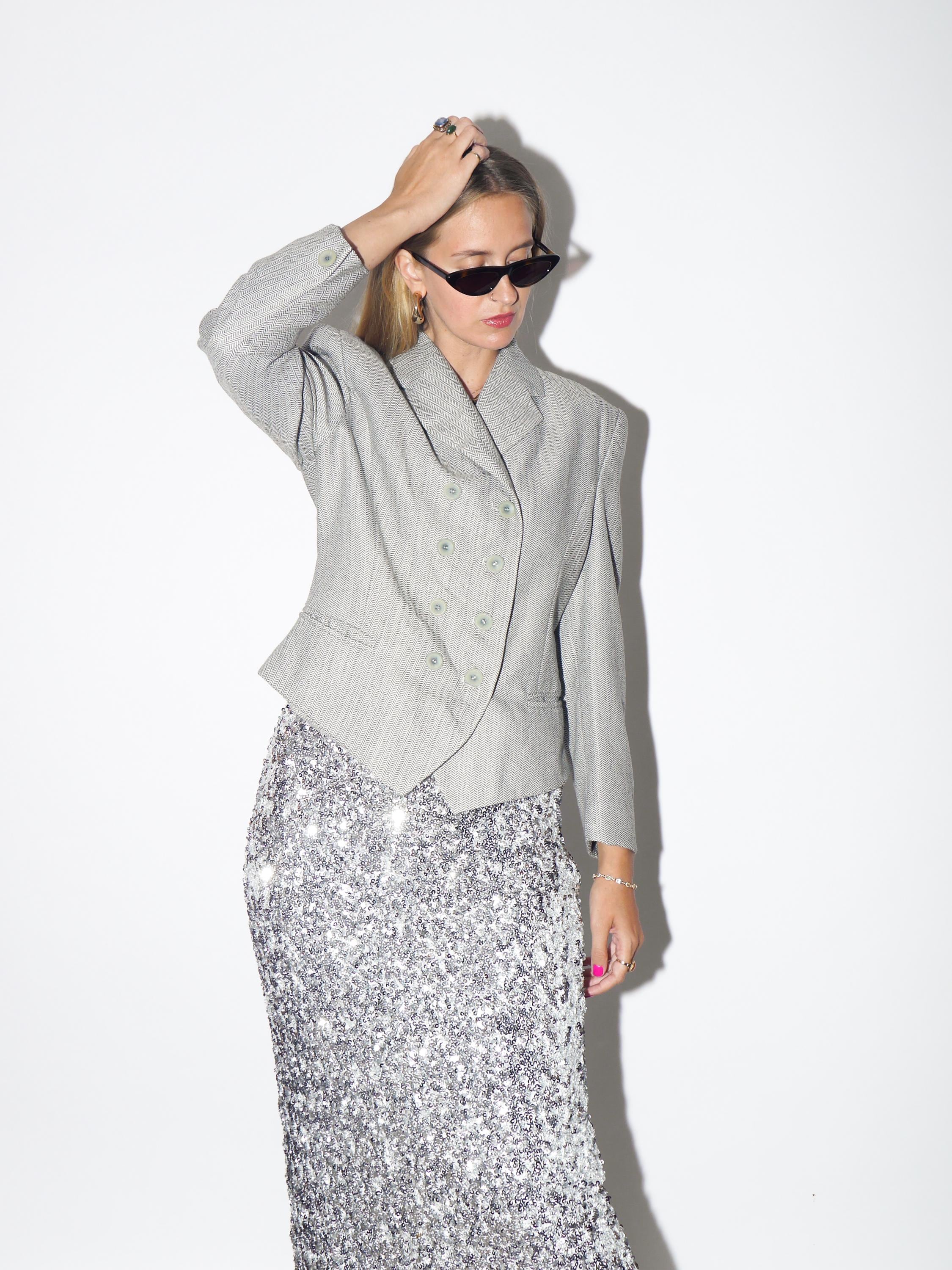 VINTAGE Grey Herringbone Virgin Wool Double Breasted Blazer With High Neckline From The 1980s By Betty Barclay