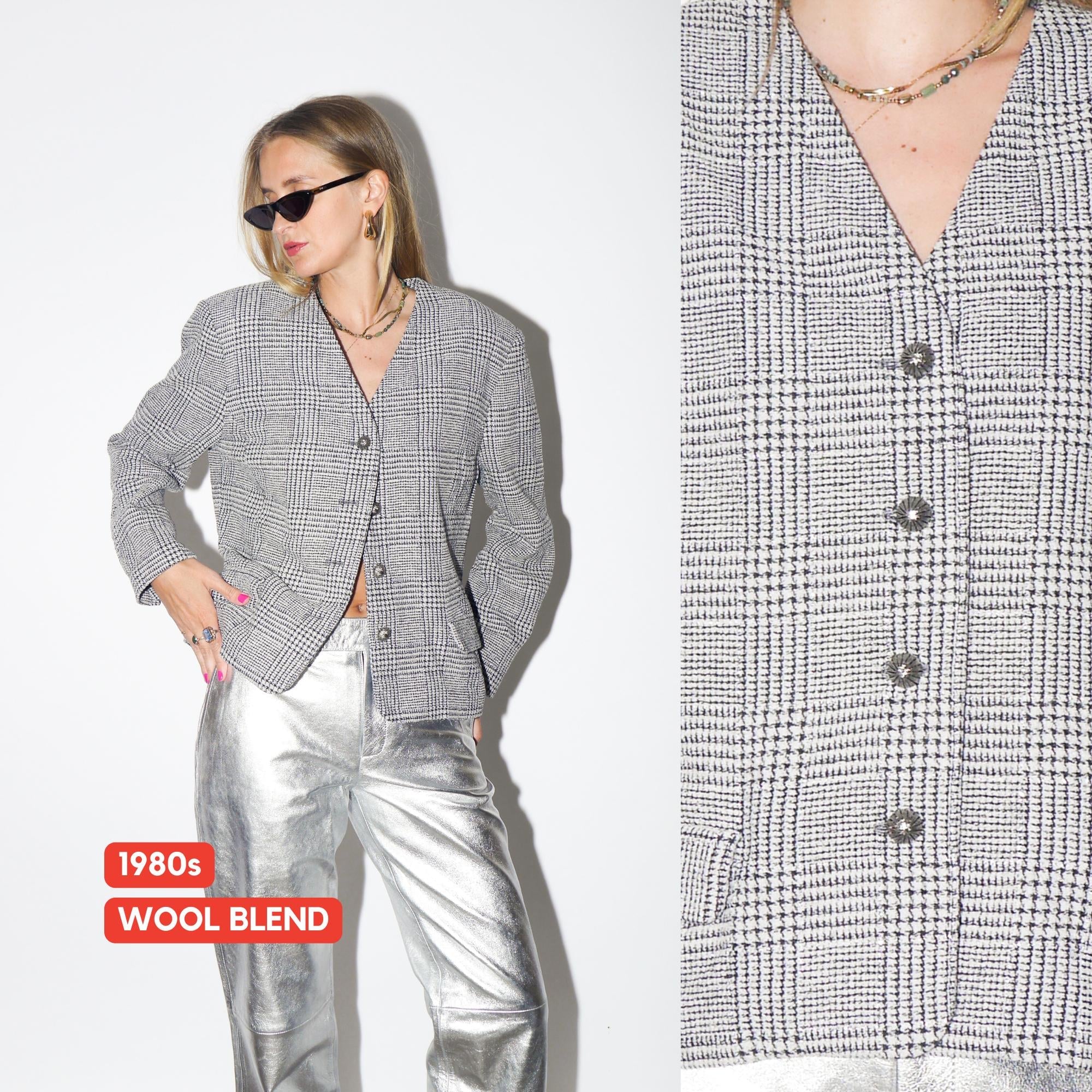 VINTAGE Grey Checked Wool Blazer With Glitter Thread And Decorative Buttons From The 1980s (Tailor Made)