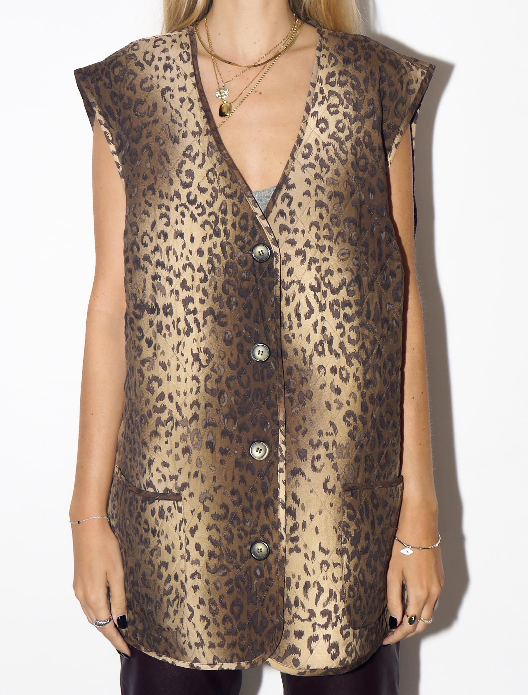 VINTAGE Brown Animal Print Quilted Oversized Vest From 1980s By Barisal