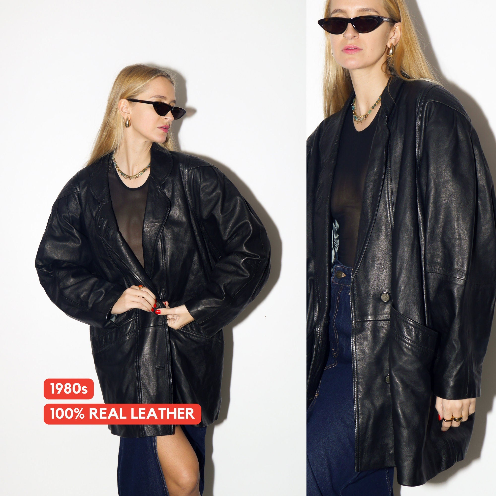 VINTAGE leather jacket 1980s | oversized black vintage leather blazer | retro leather jacket | bat wing sleeves leather jacket