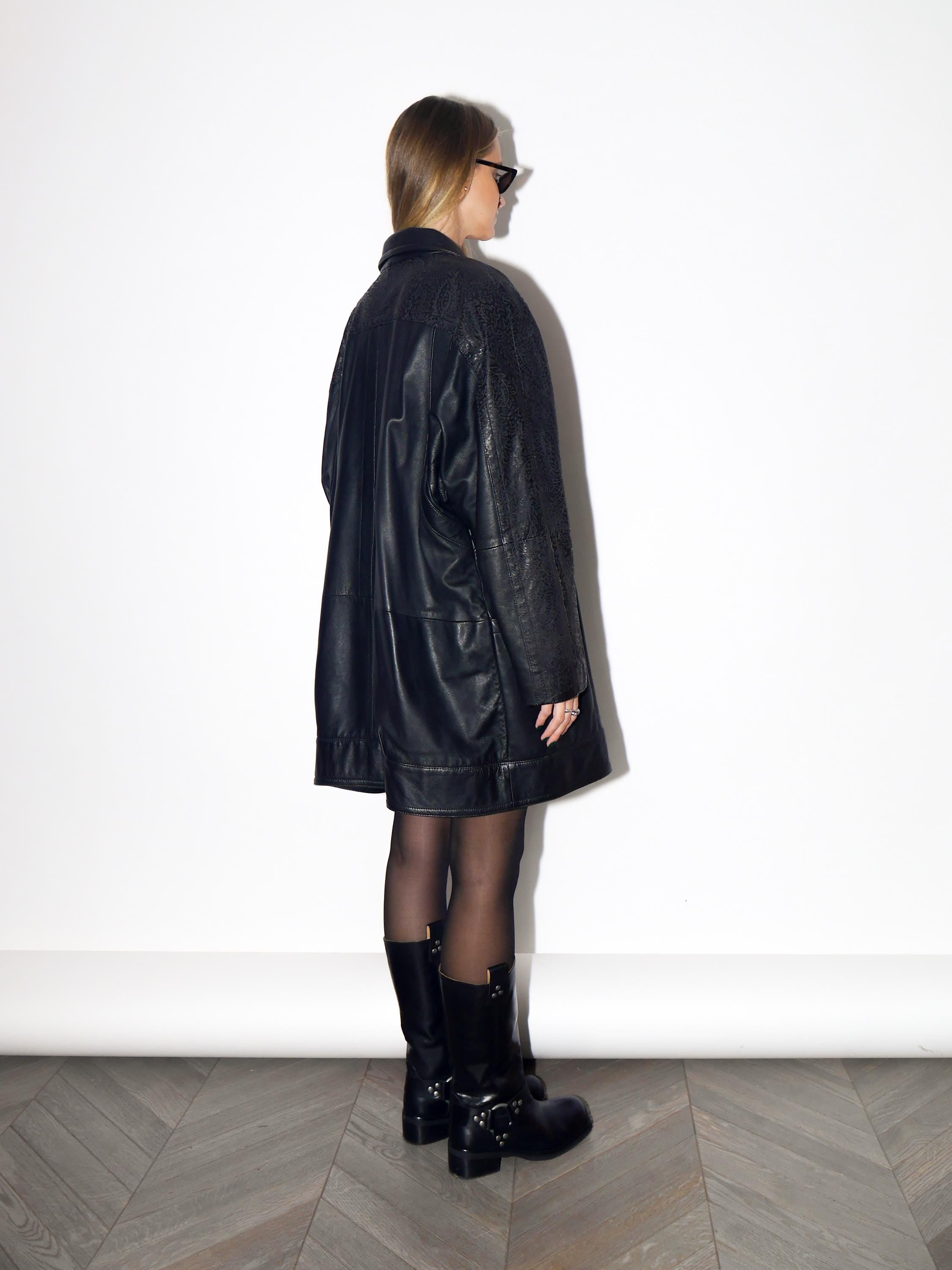 VINTAGE Black Floral Embossed Leather Coat Jacket From The 1980s By G.S. Ledermoden Germany