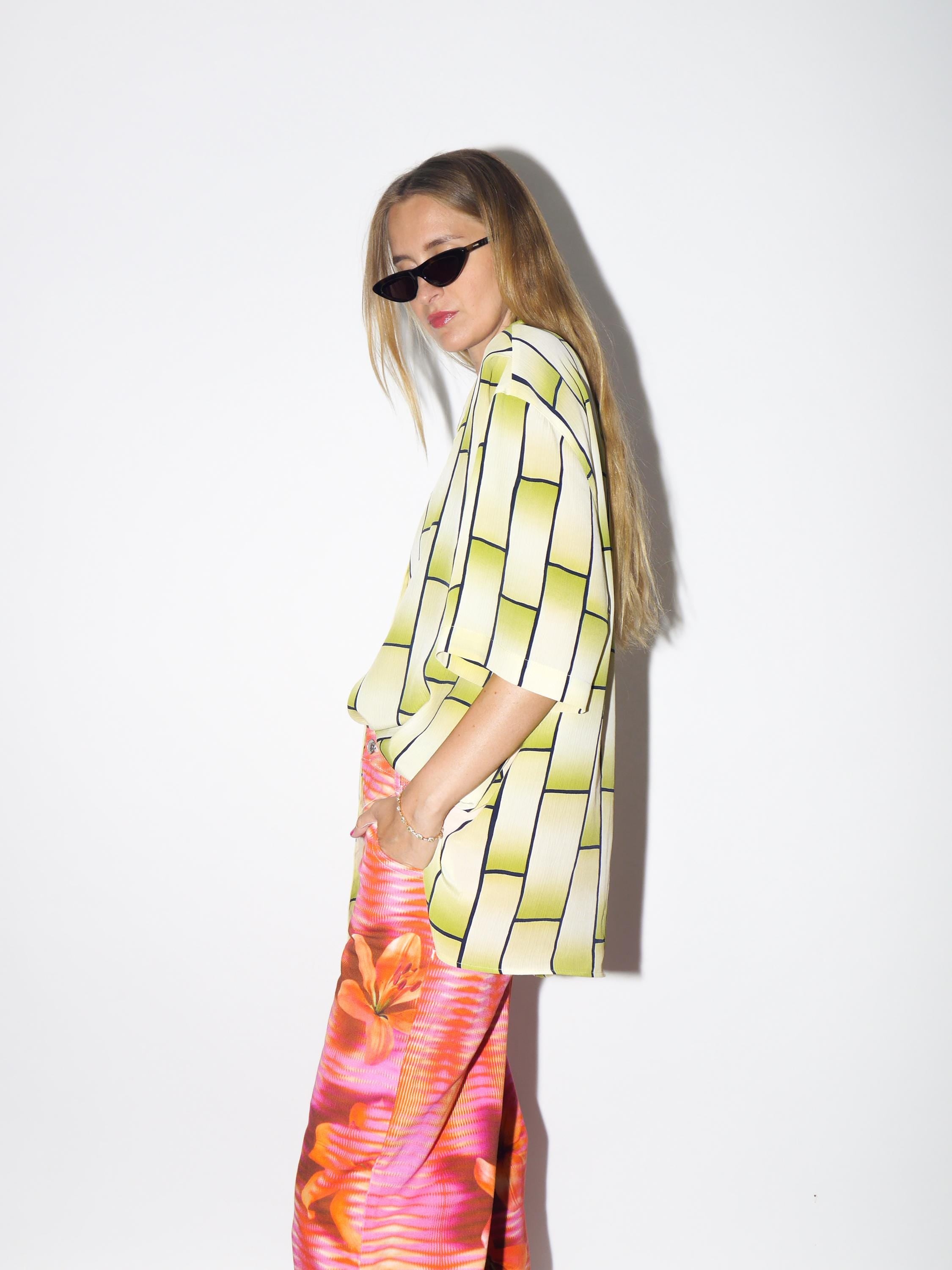 VINTAGE Yellow And Green Check Oversized Shirt With Square Buttons And Collar From The 1980s By Seidel Moden
