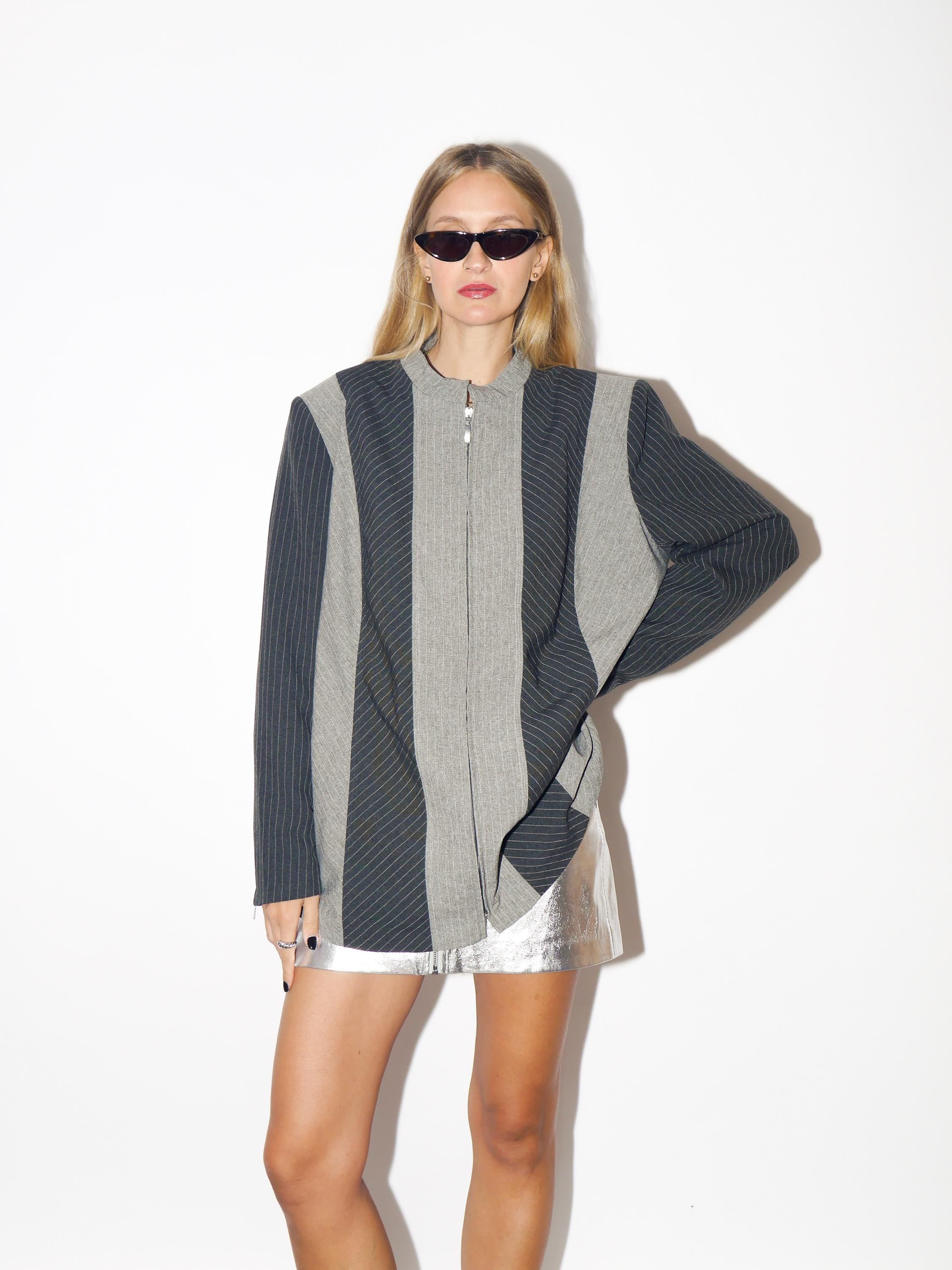 VINTAGE Gray Striped Oversized Blazer From 1990s With Zipper And Shoulder Pads