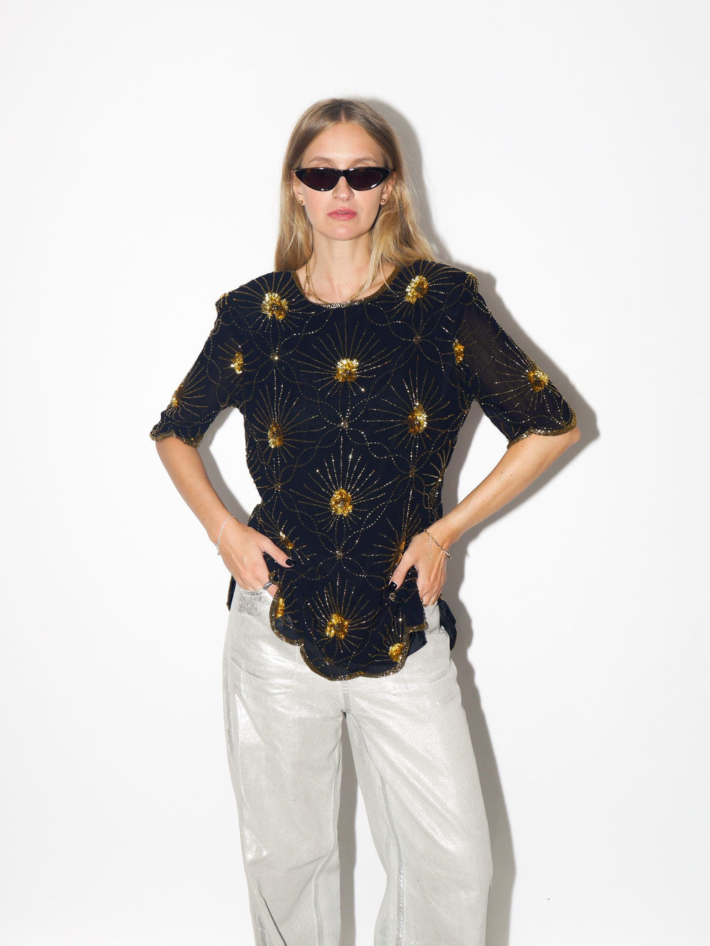 VINTAGE Black Viscose Blouse From The 1980s With Gold Beads And Sequins By Katherine Hart